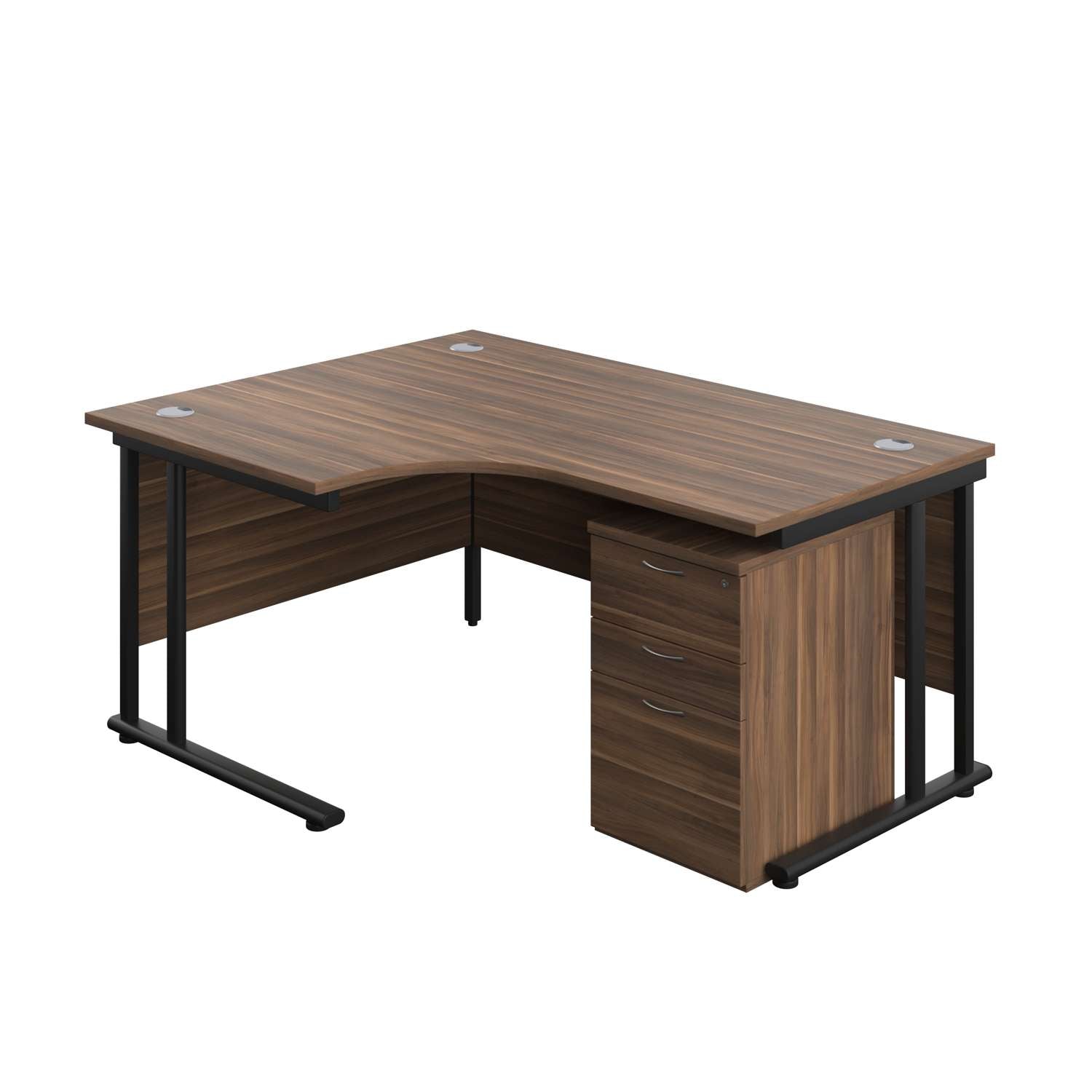 Twin Upright Left Hand Radial Desk + High Mobile Pedestal 3 Drawer (FSC) | 1600X1200 | Dark Walnut/Black