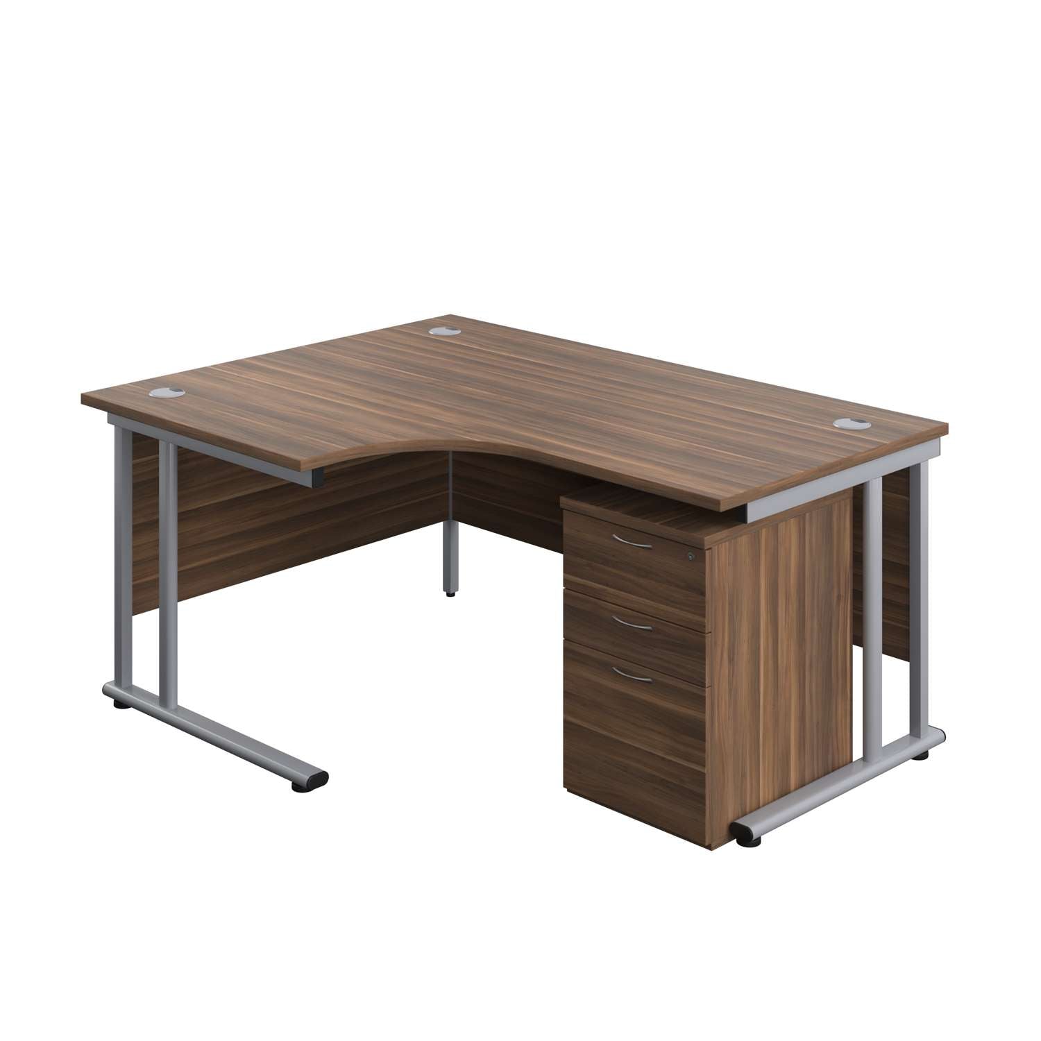 Twin Upright Left Hand Radial Desk + High Mobile Pedestal 3 Drawer (FSC) | 1600X1200 | Dark Walnut/Silver