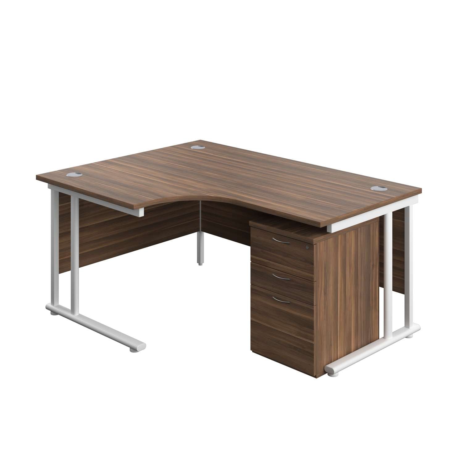 Twin Upright Left Hand Radial Desk + High Mobile Pedestal 3 Drawer (FSC) | 1600X1200 | Dark Walnut/White