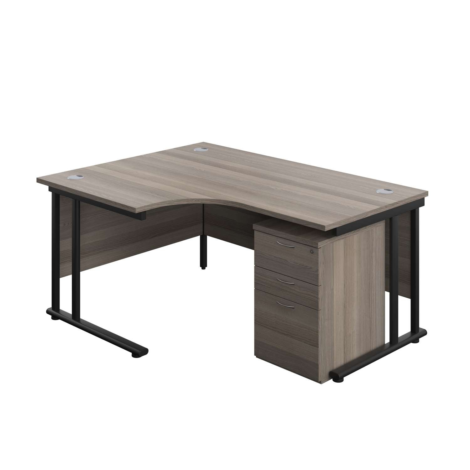 Twin Upright Left Hand Radial Desk + High Mobile Pedestal 3 Drawer (FSC) | 1600X1200 | Grey Oak/Black