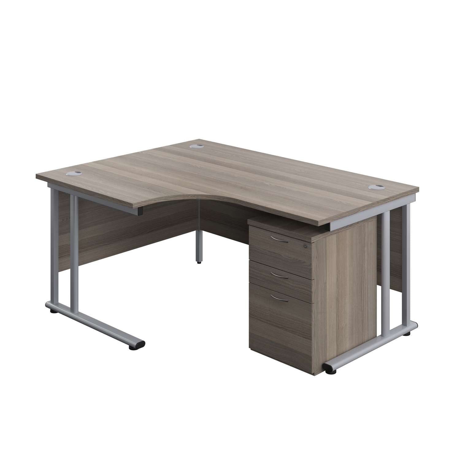 Twin Upright Left Hand Radial Desk + High Mobile Pedestal 3 Drawer (FSC) | 1600X1200 | Grey Oak/Silver