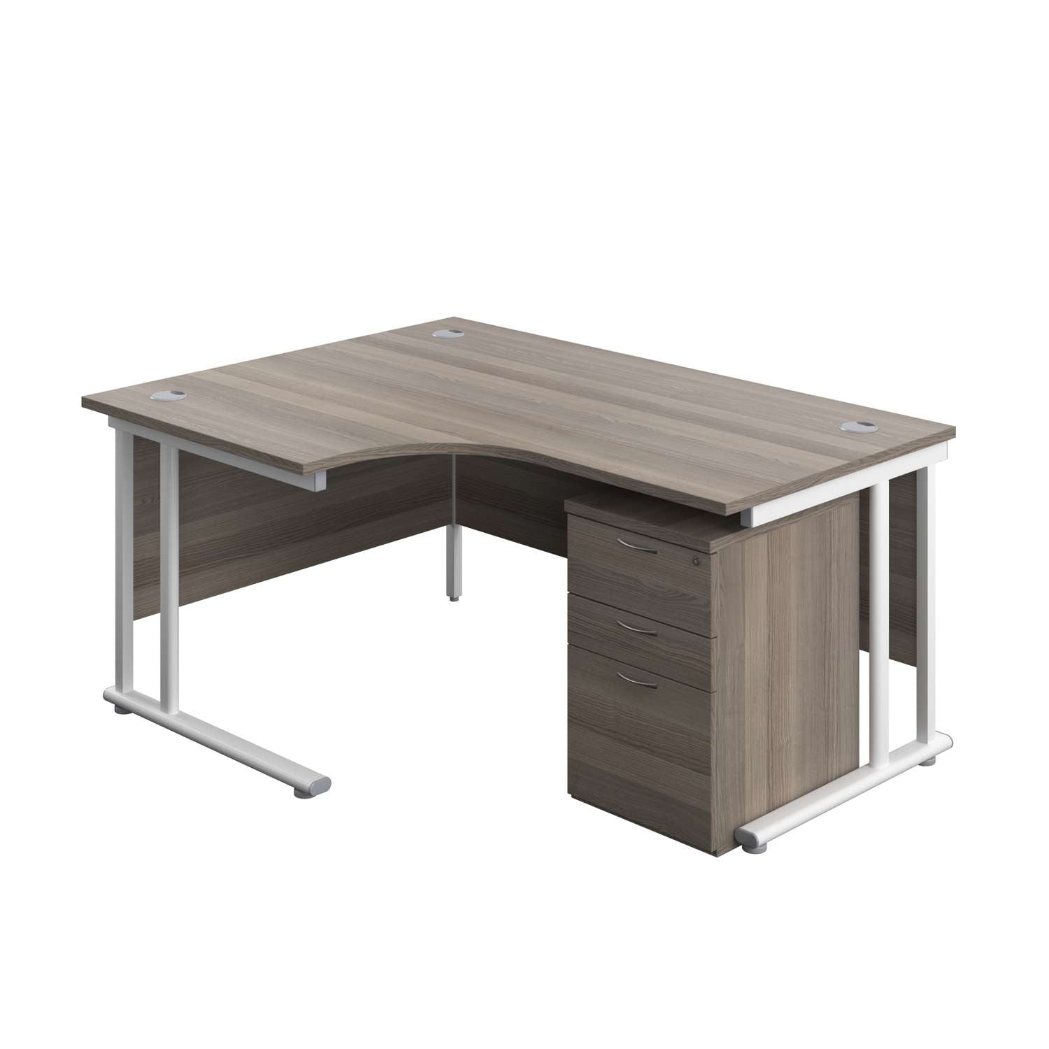 Twin Upright Left Hand Radial Desk + High Mobile Pedestal 3 Drawer (FSC) | 1600X1200 | Grey Oak/White