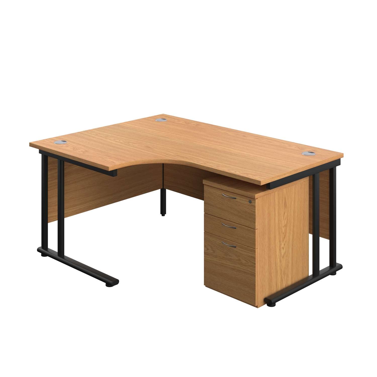Twin Upright Left Hand Radial Desk + High Mobile Pedestal 3 Drawer (FSC) | 1600X1200 | Nova Oak/Black