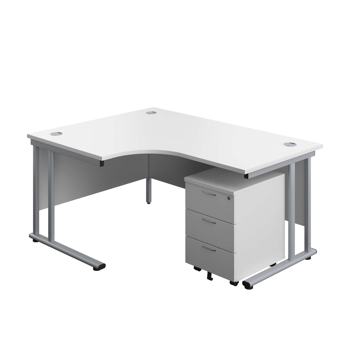 Twin Upright Left Hand Radial Desk + Mobile 3 Drawer Pedestal (FSC) | 1600X1200 | White/Silver