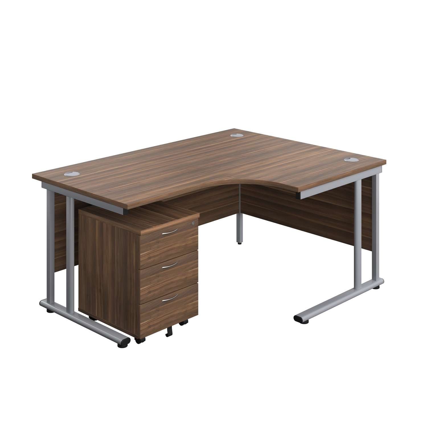 Twin Upright Right Hand Radial Desk + Mobile 3 Drawer Pedestal (FSC) | 1600X1200 | Dark Walnut/Silver