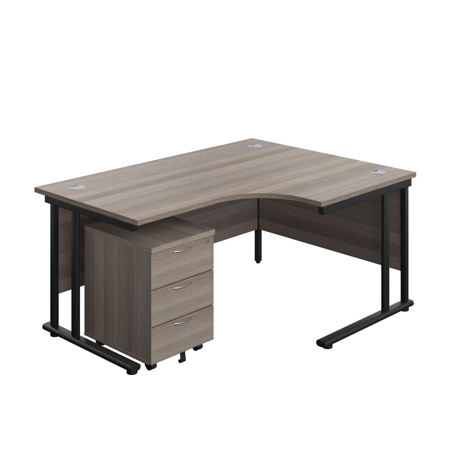 Twin Upright Right Hand Radial Desk + Mobile 3 Drawer Pedestal (FSC) | 1600X1200 | Grey Oak/Black