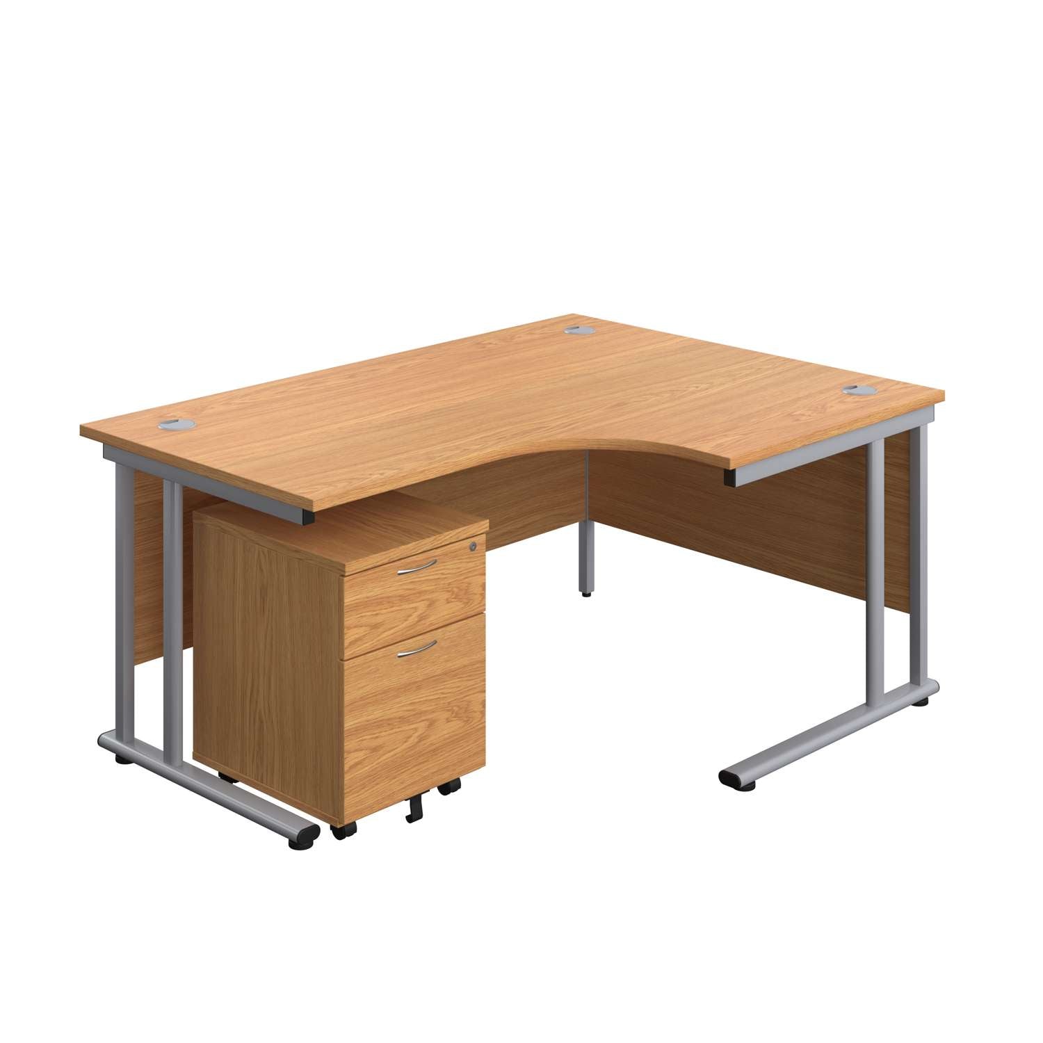 Twin Upright Right Hand Radial Desk + Mobile 2 Drawer Pedestal (FSC) | 1600X1200 | Nova Oak/Silver