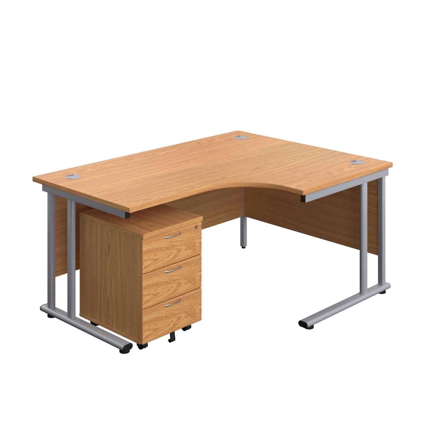 Twin Upright Right Hand Radial Desk + Mobile 3 Drawer Pedestal (FSC) | 1600X1200 | Nova Oak/Silver