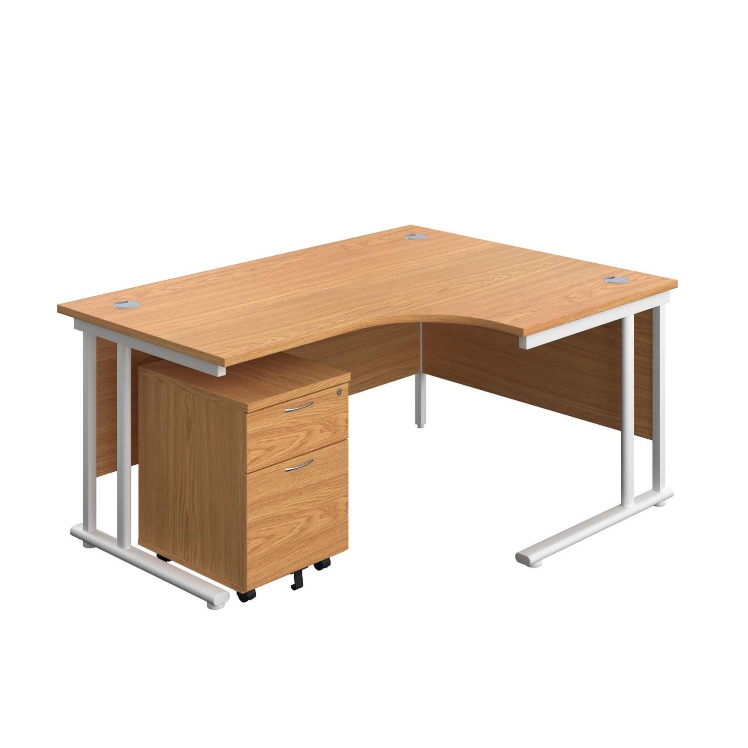 Twin Upright Right Hand Radial Desk + Mobile 2 Drawer Pedestal (FSC) | 1600X1200 | Nova Oak/White