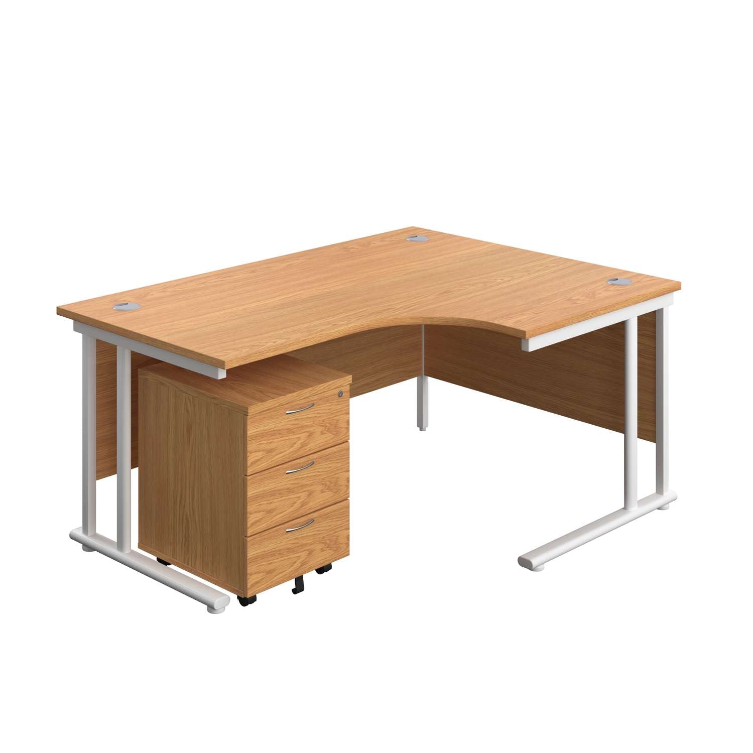 Twin Upright Right Hand Radial Desk + Mobile 3 Drawer Pedestal (FSC) | 1600X1200 | Nova Oak/White