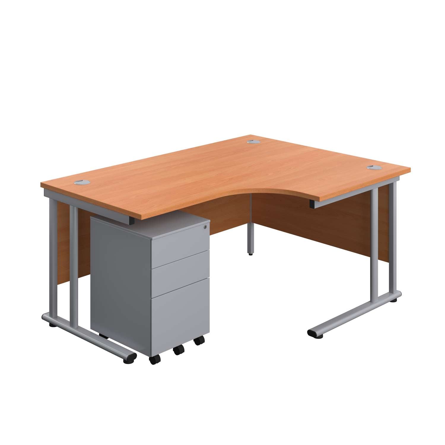 Twin Upright Right Hand Radial Desk + Under Desk Steel Pedestal 3 Drawers (FSC) | 1600X1200 | Beech/Silver