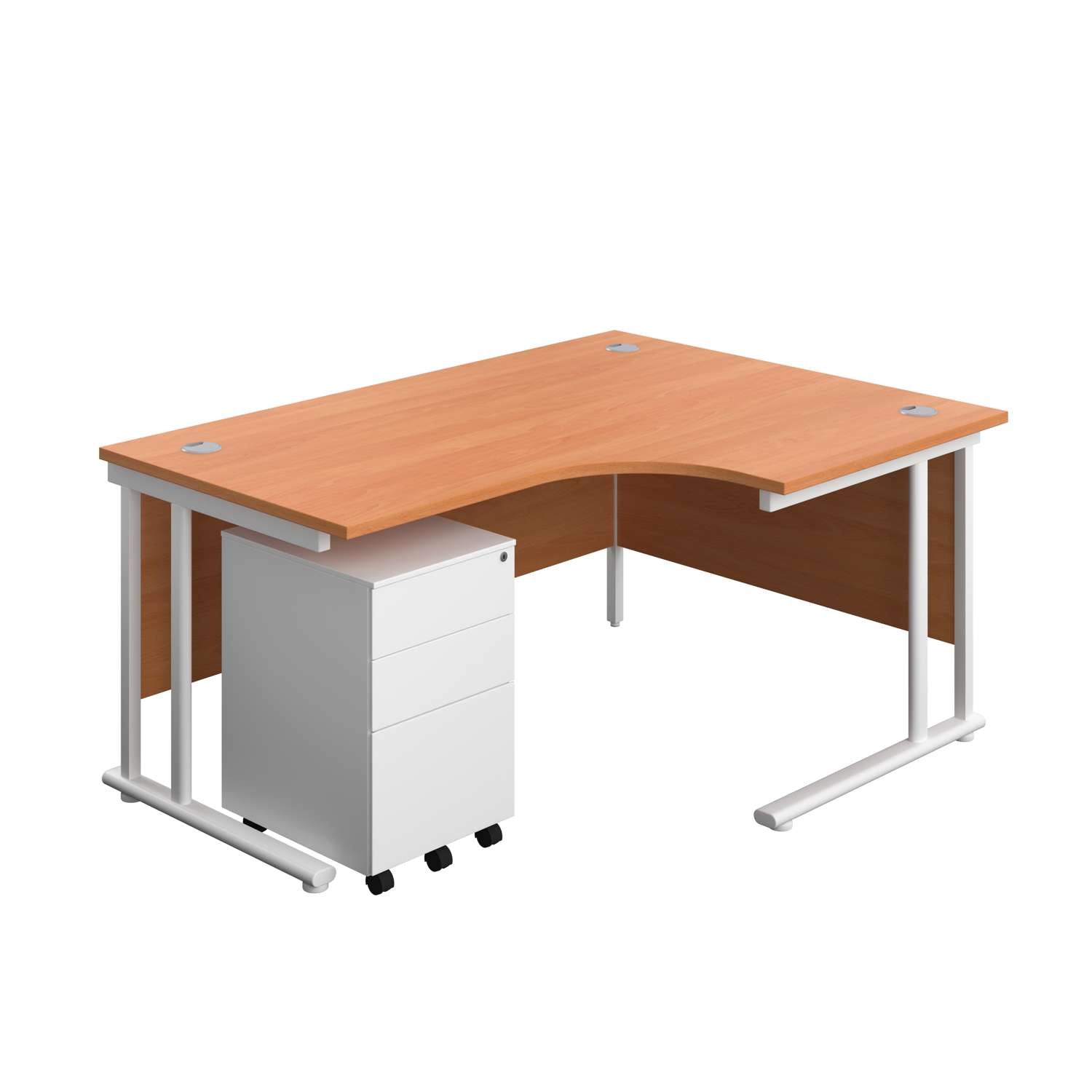 Twin Upright Right Hand Radial Desk + Under Desk Steel Pedestal 3 Drawers (FSC) | 1600X1200 | Beech/White