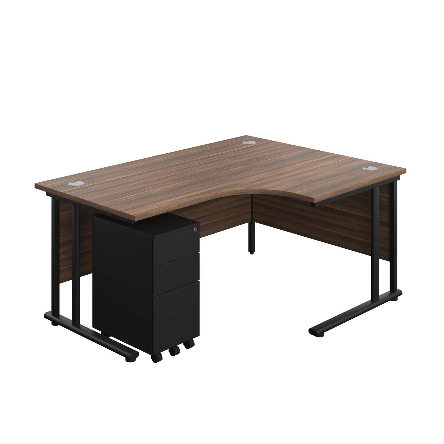 Twin Upright Right Hand Radial Desk + Slimline Steel Pedestal 3 Drawers (FSC) | 1600X1200 | Dark Walnut/Black