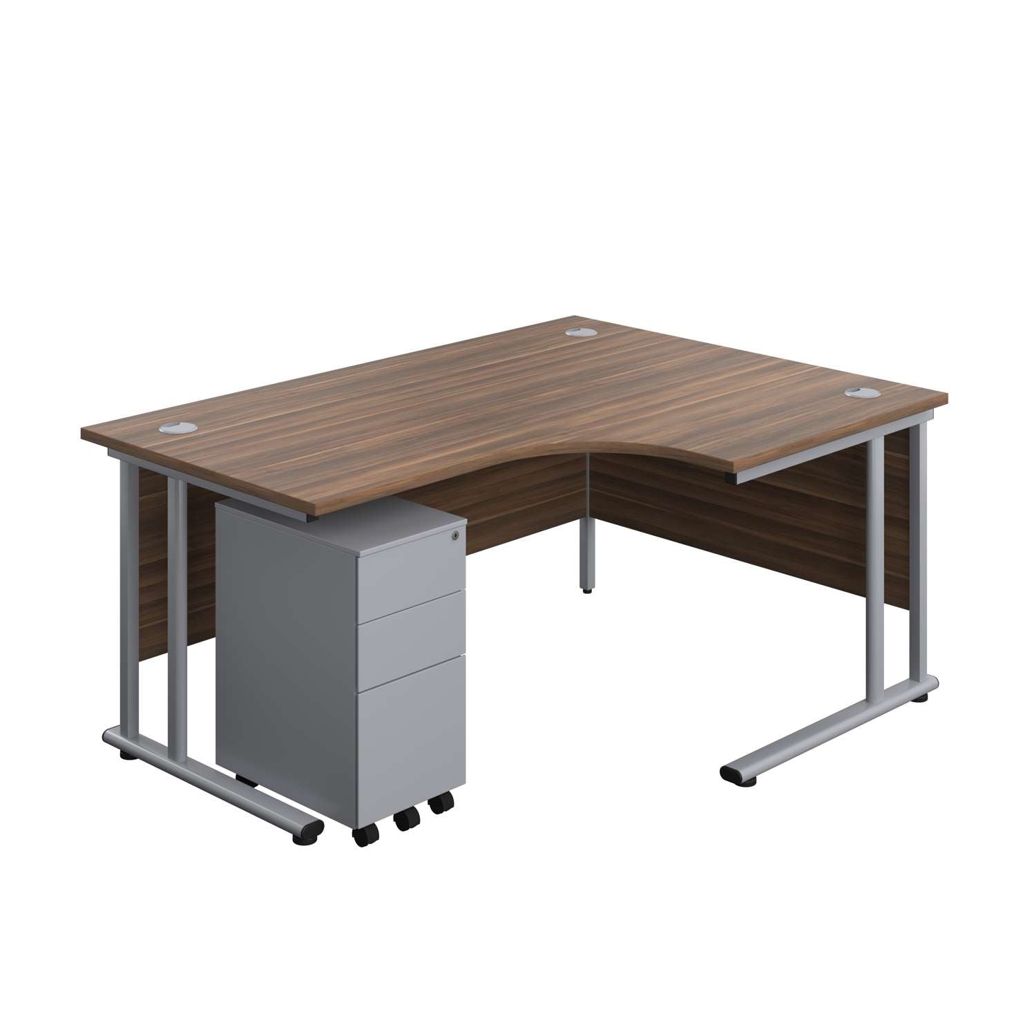 Twin Upright Right Hand Radial Desk + Slimline Steel Pedestal 3 Drawers (FSC) | 1600X1200 | Dark Walnut/Silver