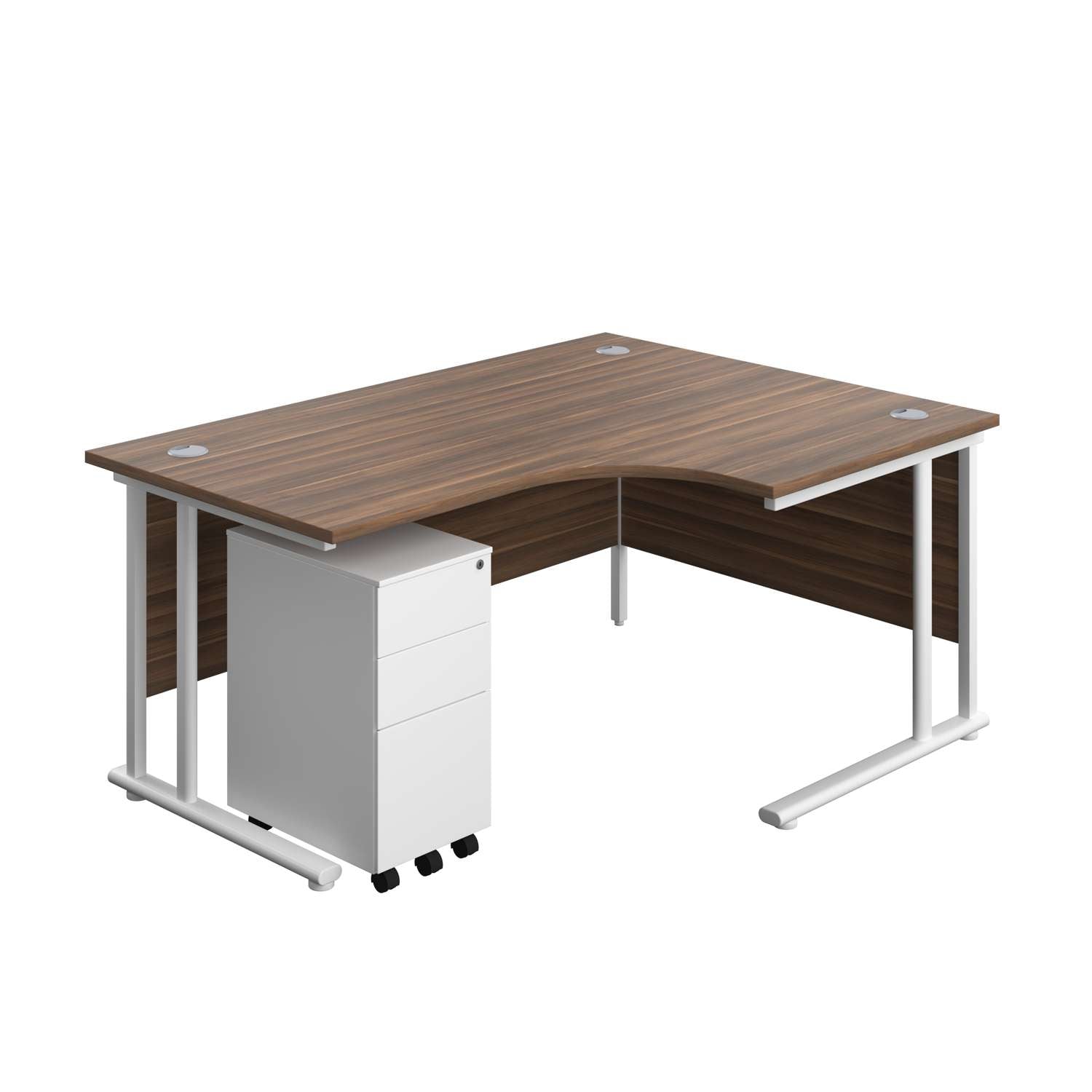 Twin Upright Right Hand Radial Desk + Slimline Steel Pedestal 3 Drawers (FSC) | 1600X1200 | Dark Walnut/White