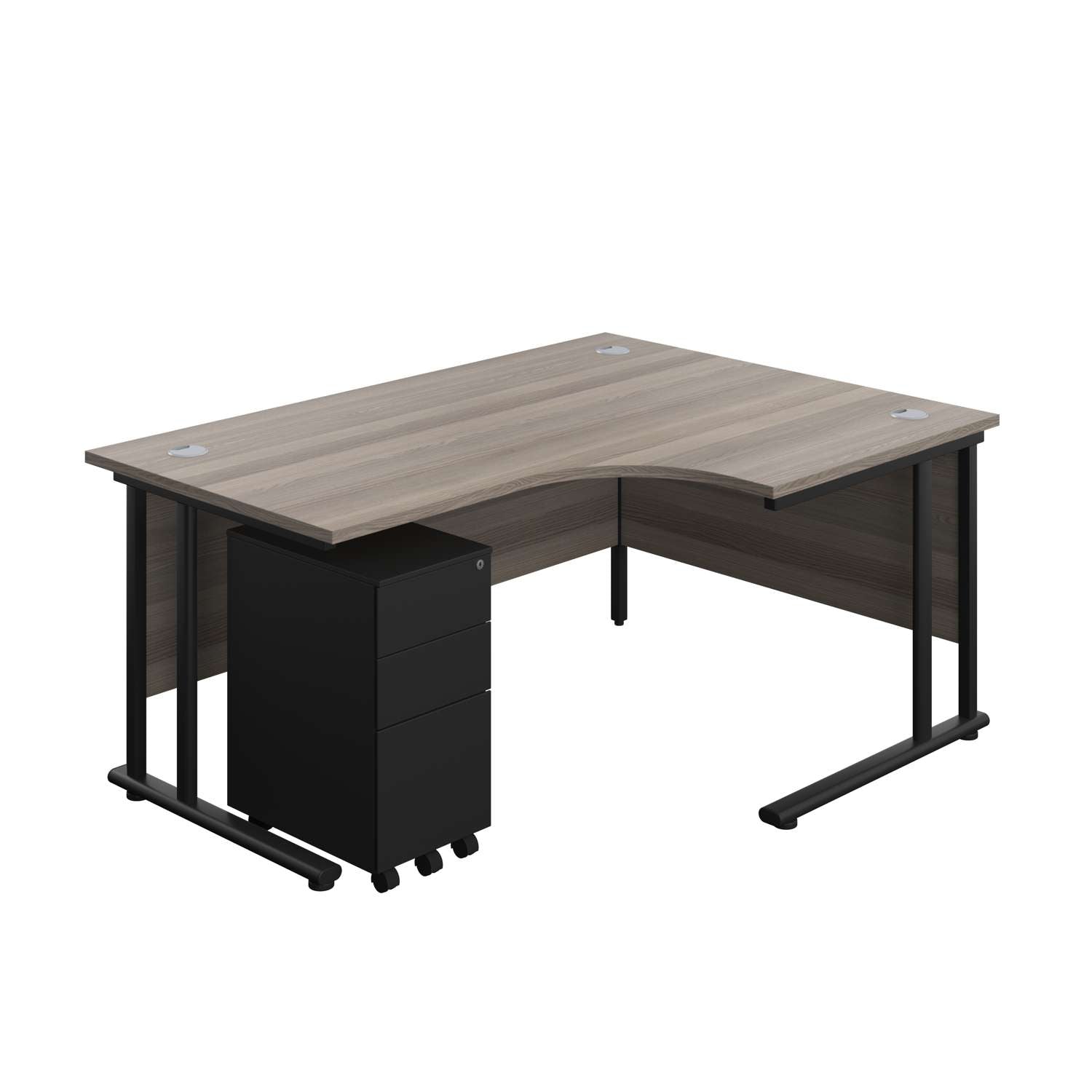Twin Upright Right Hand Radial Desk + Slimline Steel Pedestal 3 Drawers (FSC) | 1600X1200 | Grey Oak/Black