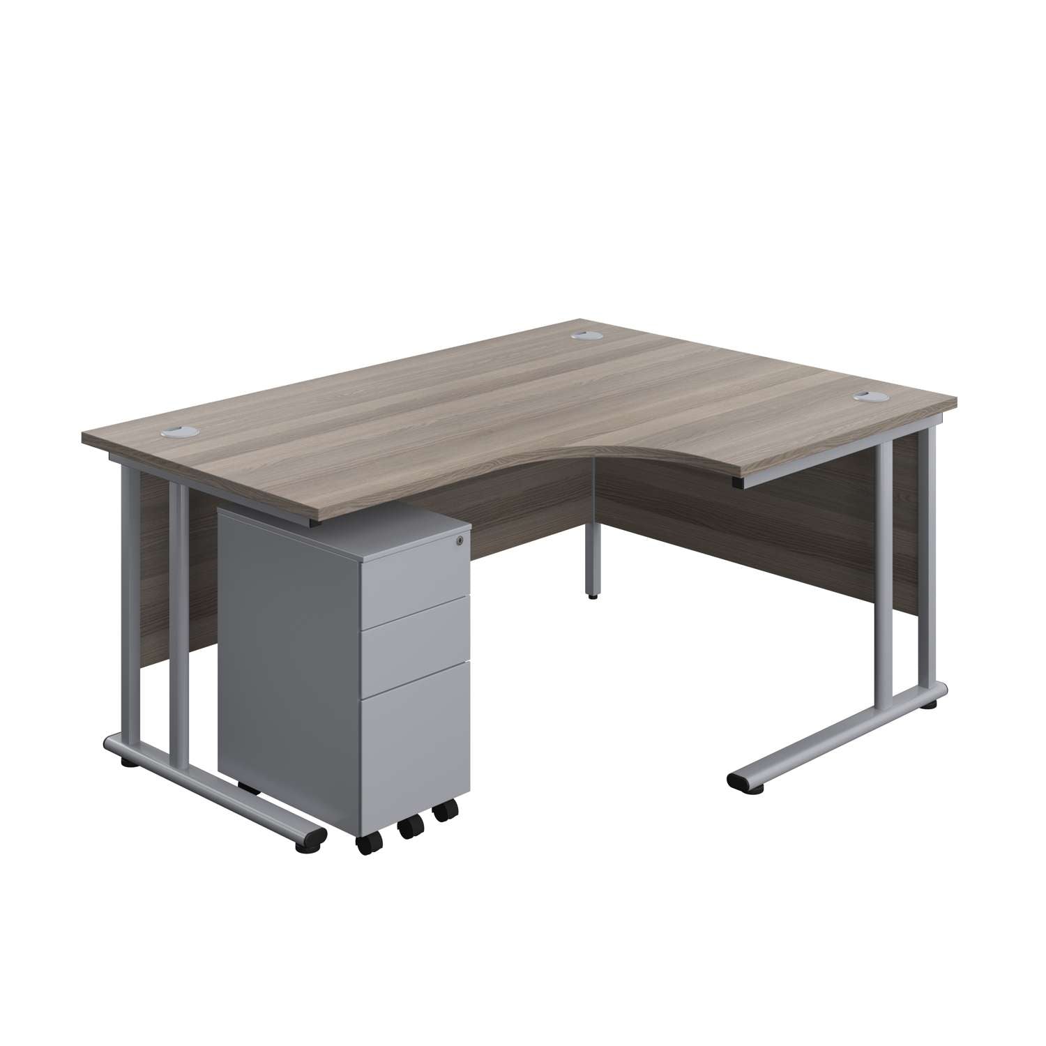 Twin Upright Right Hand Radial Desk + Slimline Steel Pedestal 3 Drawers (FSC) | 1600X1200 | Grey Oak/Silver