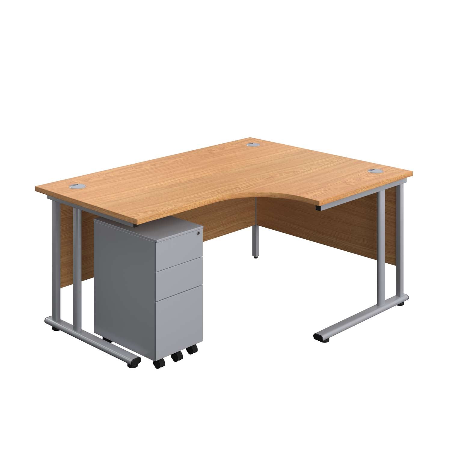 Twin Upright Right Hand Radial Desk + Slimline Steel Pedestal 3 Drawers (FSC) | 1600X1200 | Nova Oak/Silver