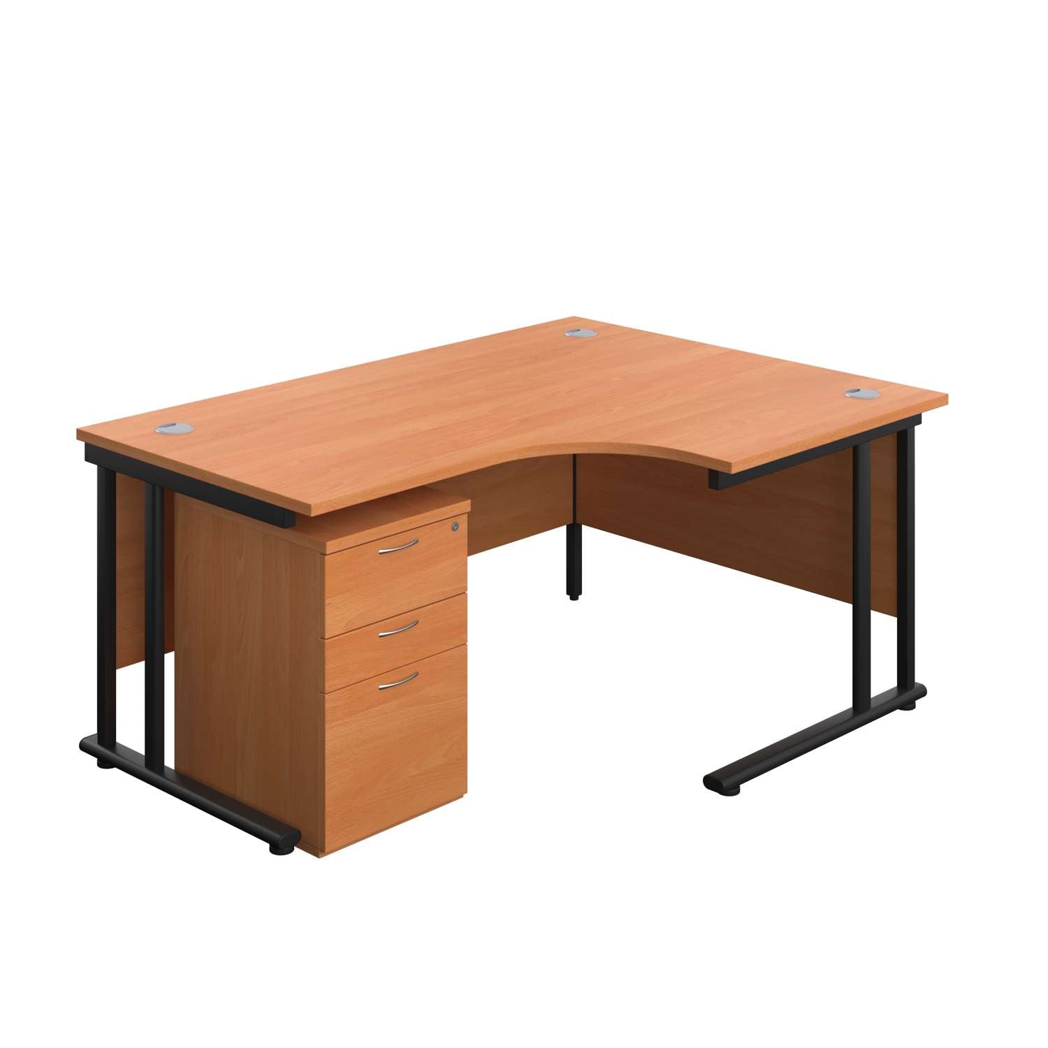Twin Upright Right Hand Radial Desk + High Mobile Pedestal 3 Drawer (FSC) | 1600X1200 | Beech/Black