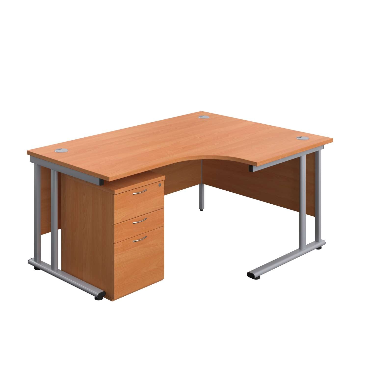 Twin Upright Right Hand Radial Desk + High Mobile Pedestal 3 Drawer (FSC) | 1600X1200 | Beech/Silver