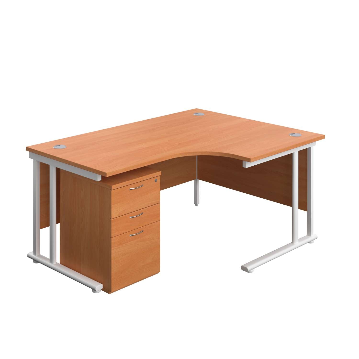 Twin Upright Right Hand Radial Desk + High Mobile Pedestal 3 Drawer (FSC) | 1600X1200 | Beech/White