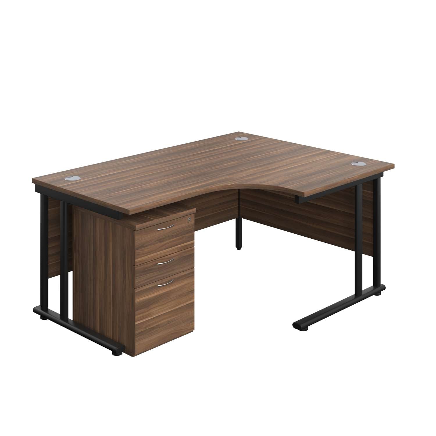 Twin Upright Right Hand Radial Desk + High Mobile Pedestal 3 Drawer (FSC) | 1600X1200 | Dark Walnut/Black