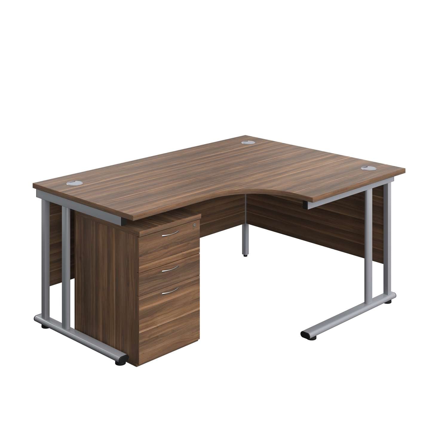 Twin Upright Right Hand Radial Desk + High Mobile Pedestal 3 Drawer (FSC) | 1600X1200 | Dark Walnut/Silver