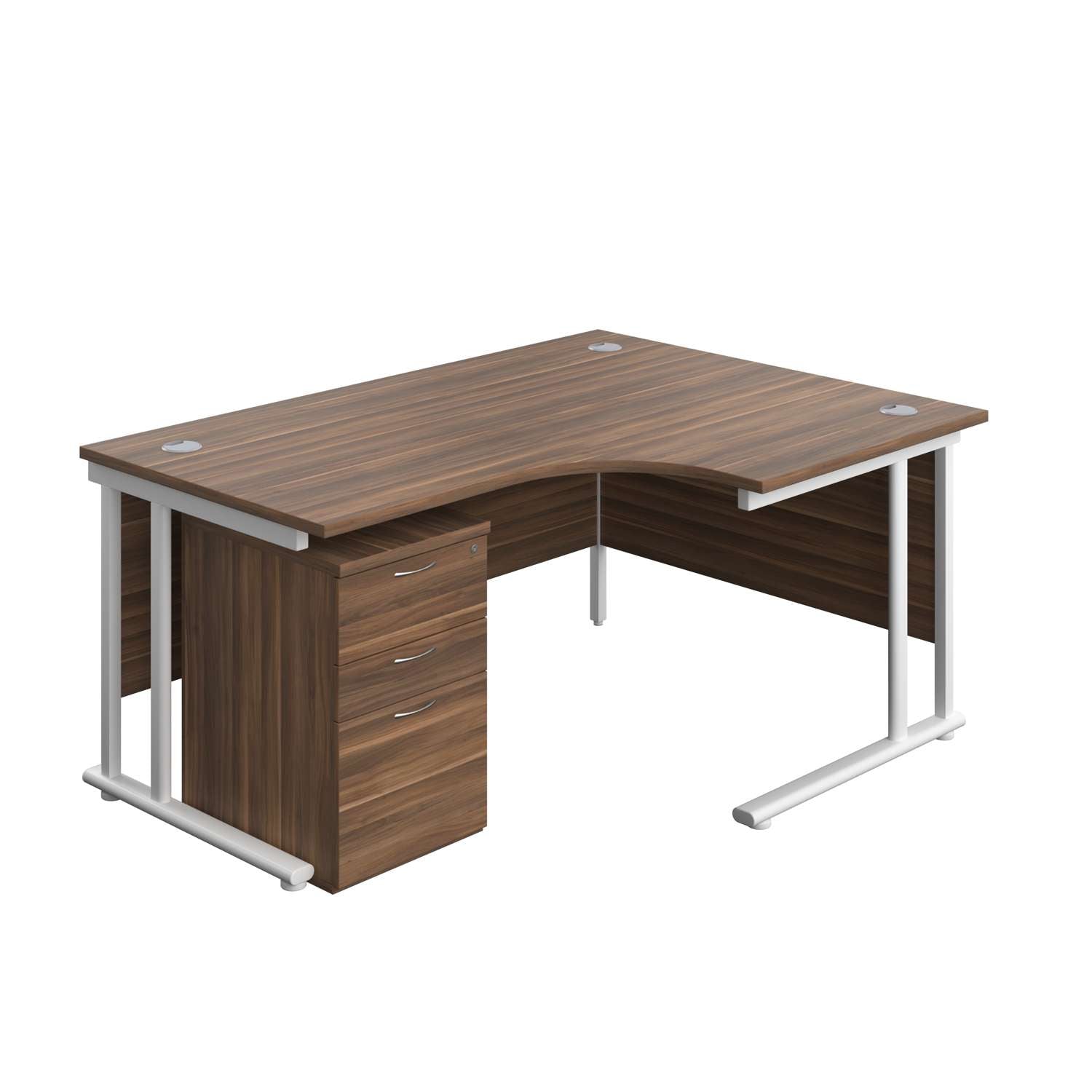 Twin Upright Right Hand Radial Desk + High Mobile Pedestal 3 Drawer (FSC) | 1600X1200 | Dark Walnut/White
