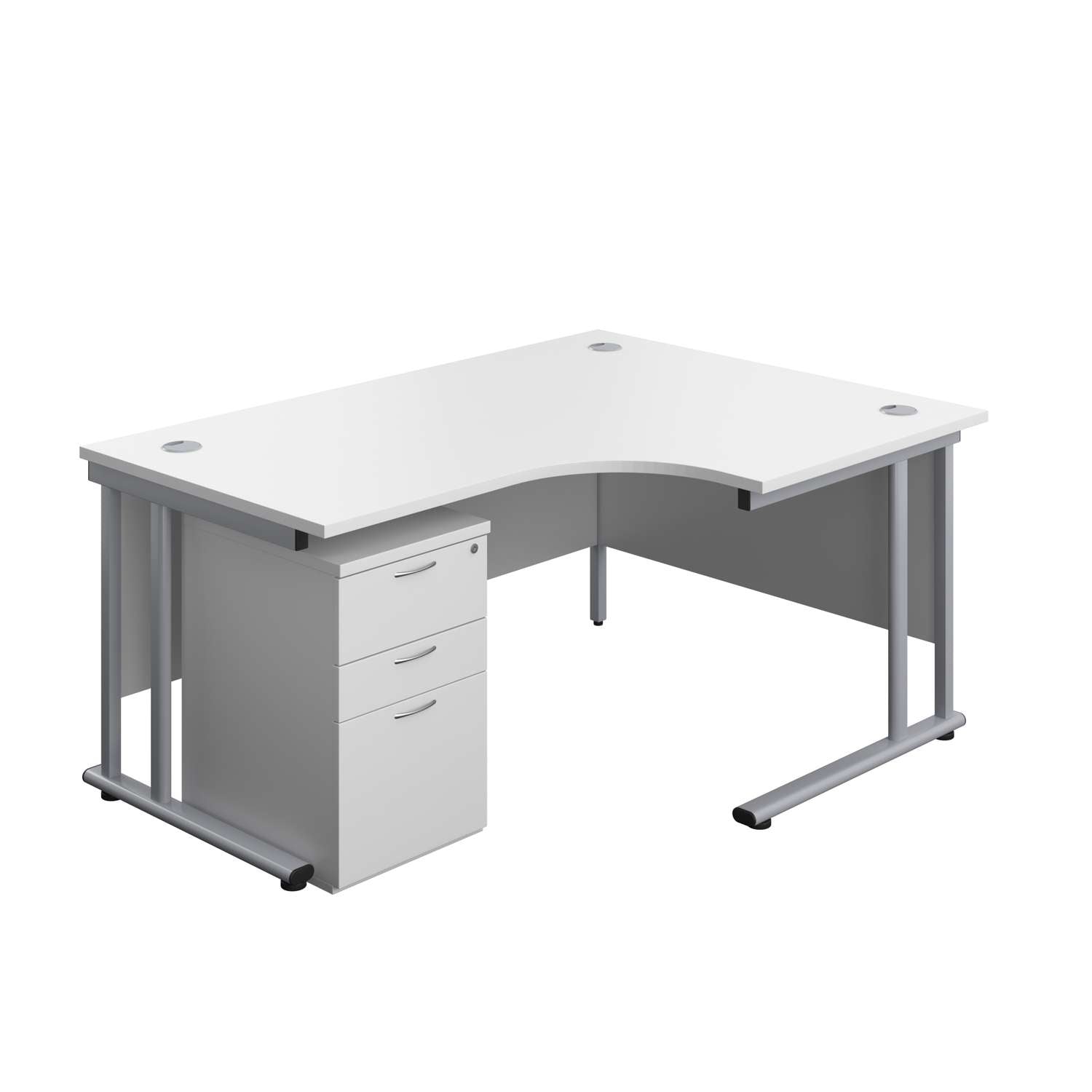 Twin Upright Right Hand Radial Desk + High Mobile Pedestal 3 Drawer (FSC) | 1600X1200 | White/Silver