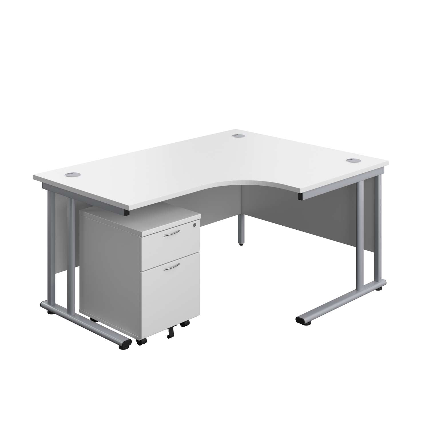 Twin Upright Right Hand Radial Desk + Mobile 2 Drawer Pedestal (FSC) | 1600X1200 | White/Silver