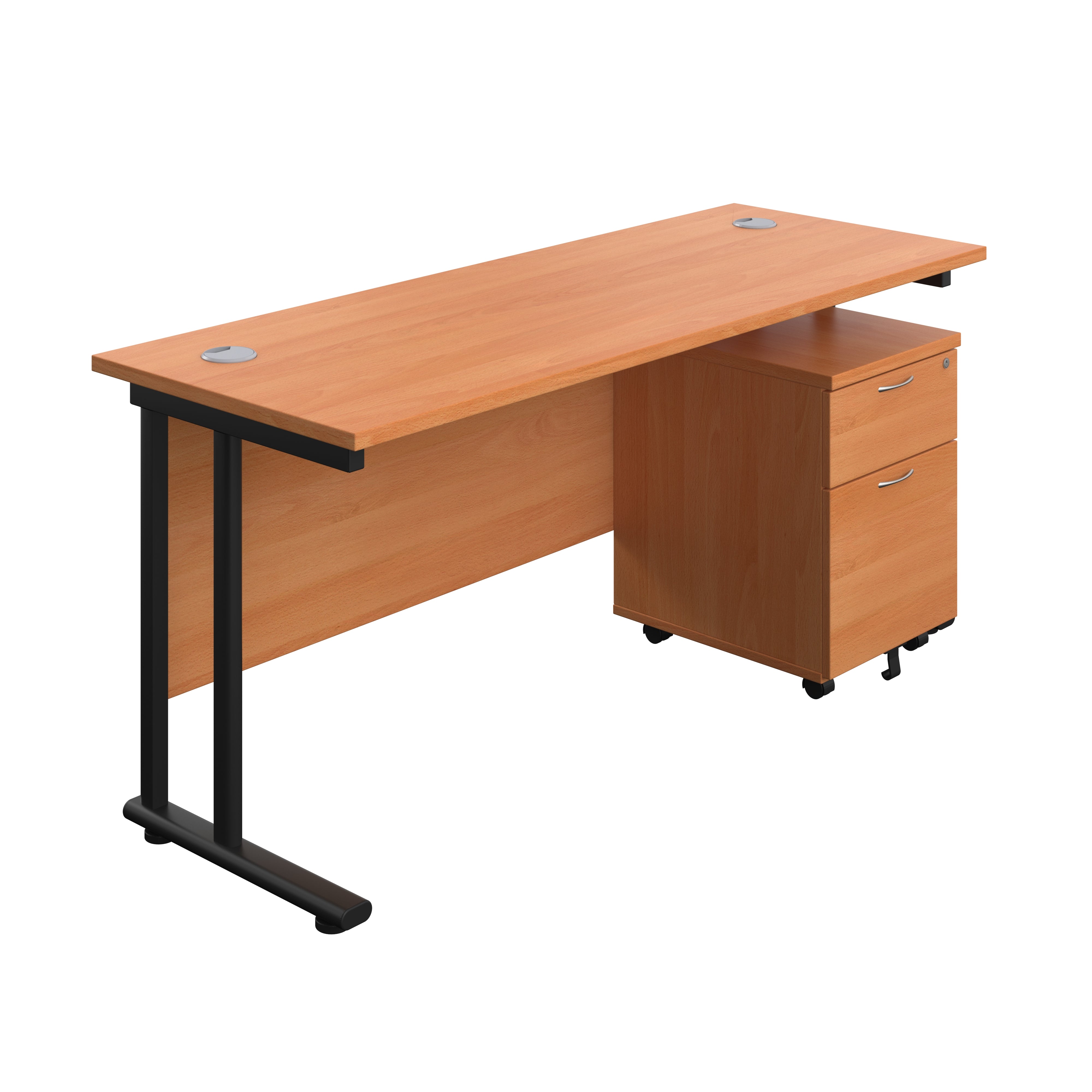 Twin Upright Rectangular Desk + Mobile 2 Drawer Pedestal (FSC) | 1600X600 | Beech/Black
