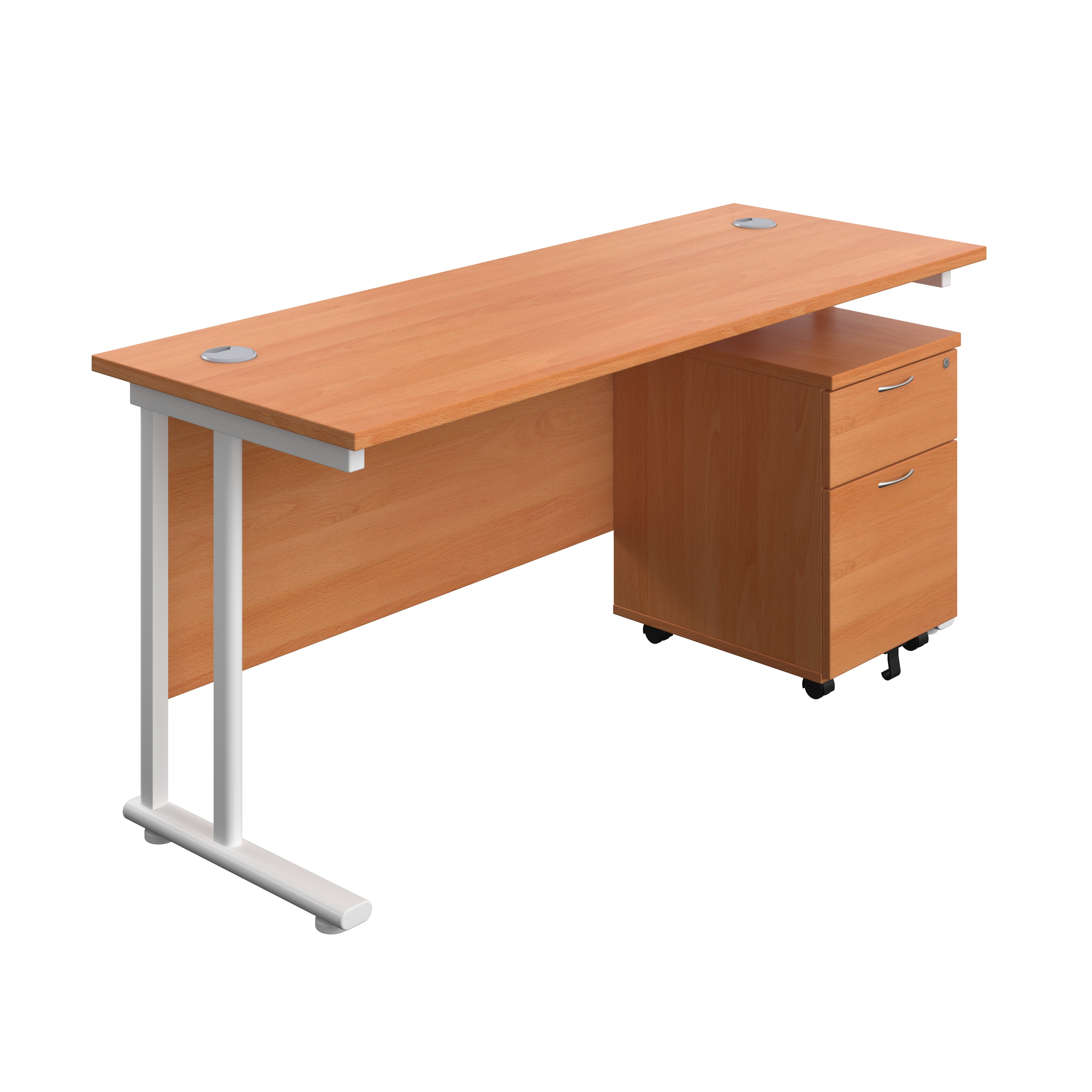 Twin Upright Rectangular Desk + Mobile 2 Drawer Pedestal (FSC) | 1600X600 | Beech/White