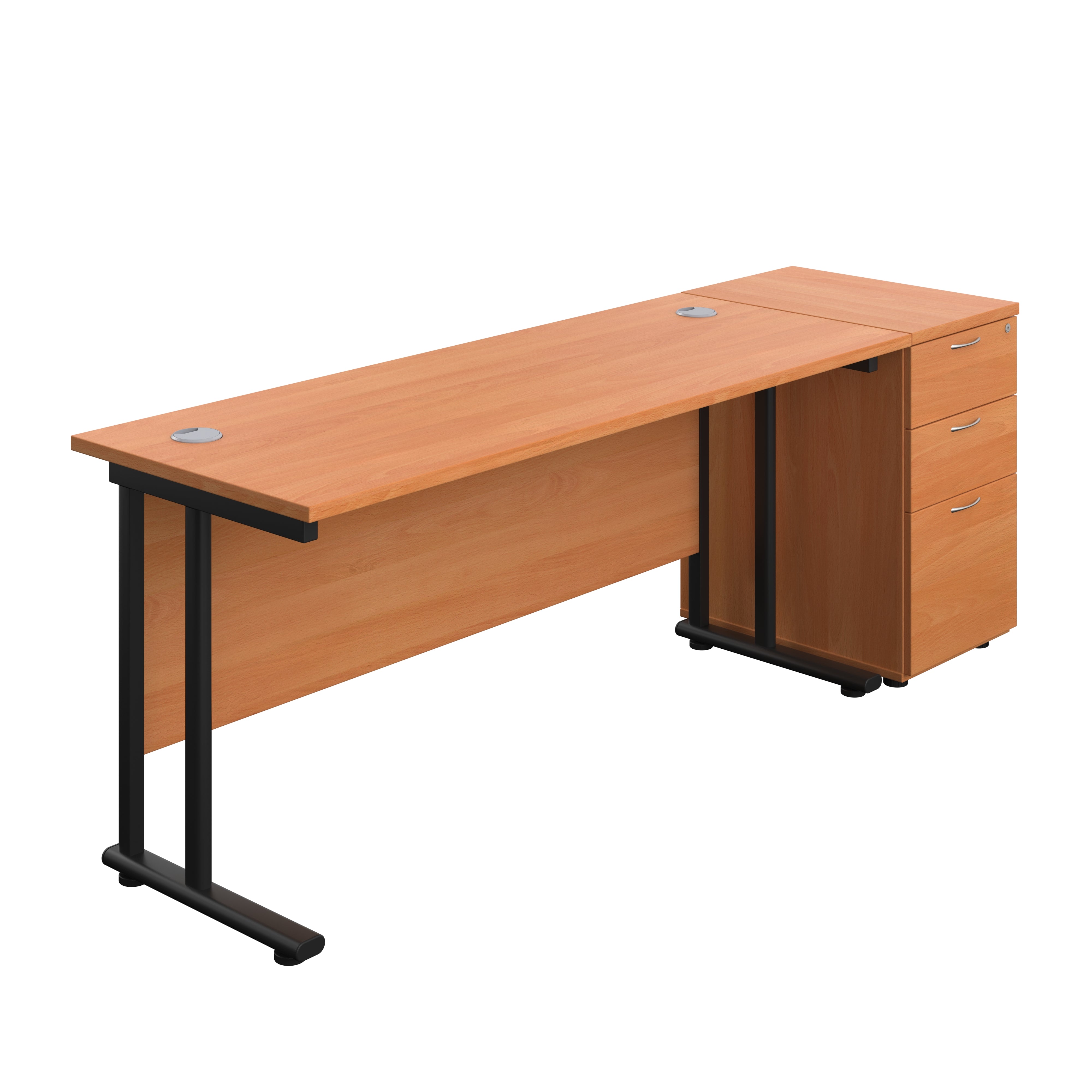 Twin Upright Rectangular Desk + Desk High 3 Drawer Pedestal (FSC) | 1600X600 | Beech/Black