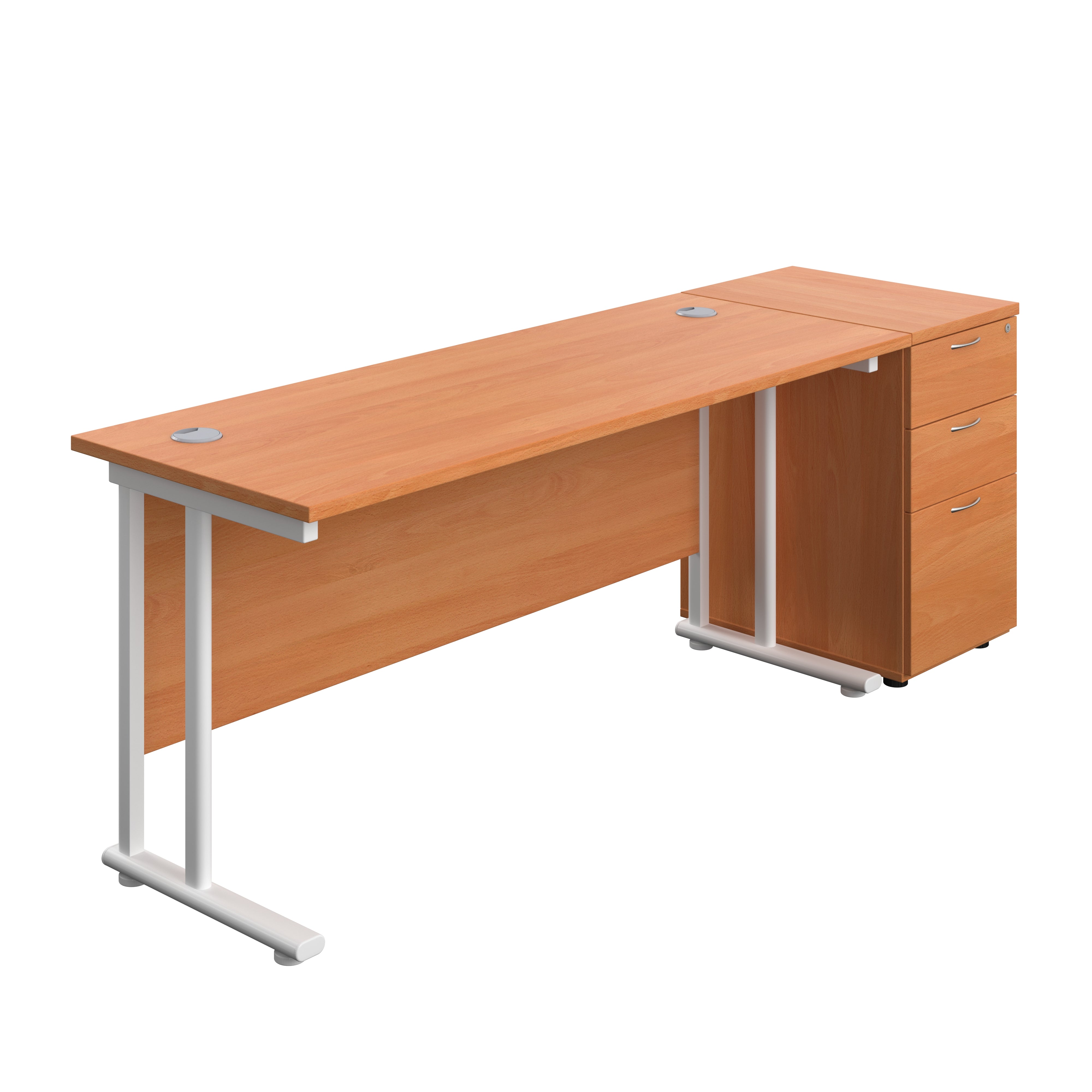 Twin Upright Rectangular Desk + Desk High 3 Drawer Pedestal (FSC) | 1600X600 | Beech/White