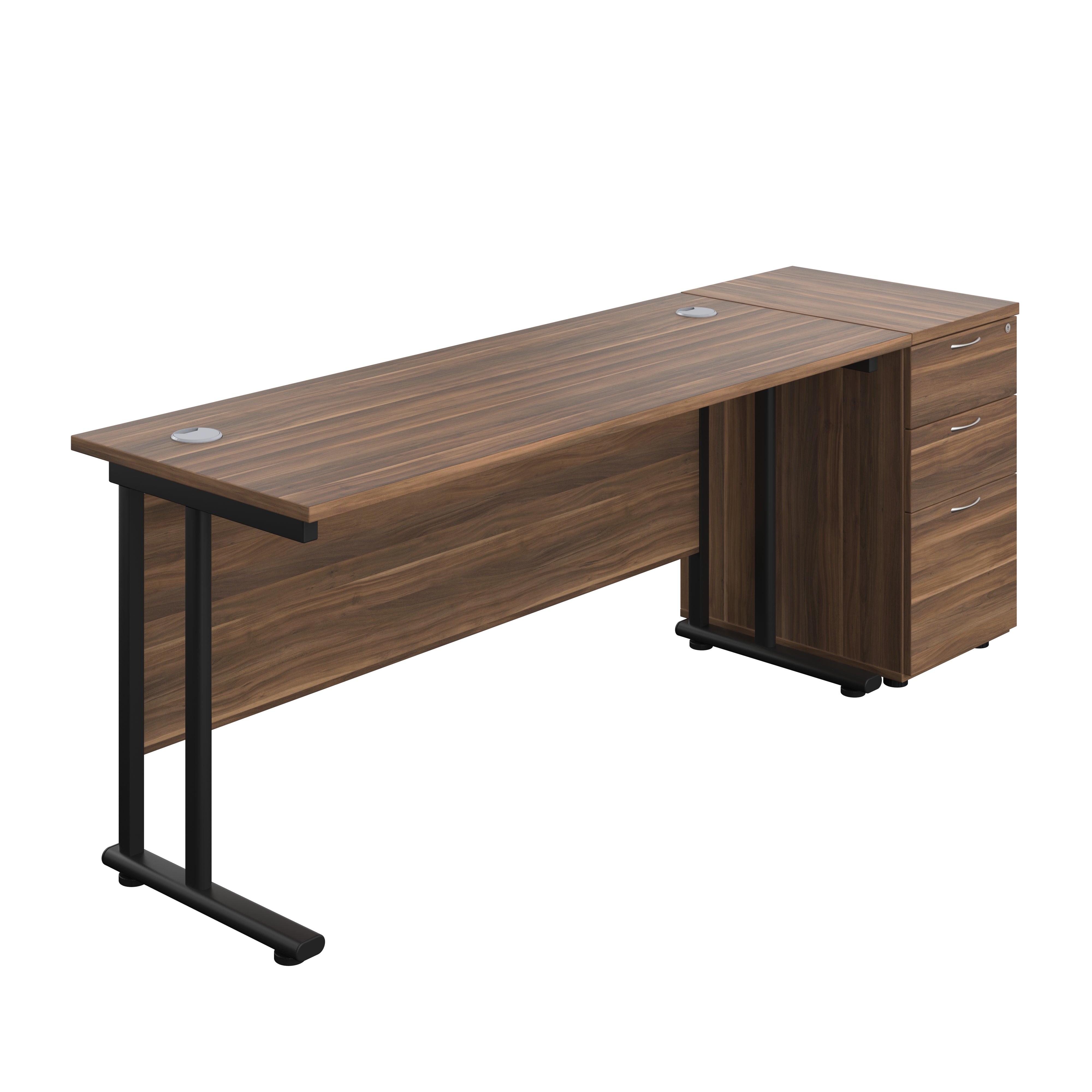 Twin Upright Rectangular Desk + Desk High 3 Drawer Pedestal (FSC) | 1600X600 | Dark Walnut/Black