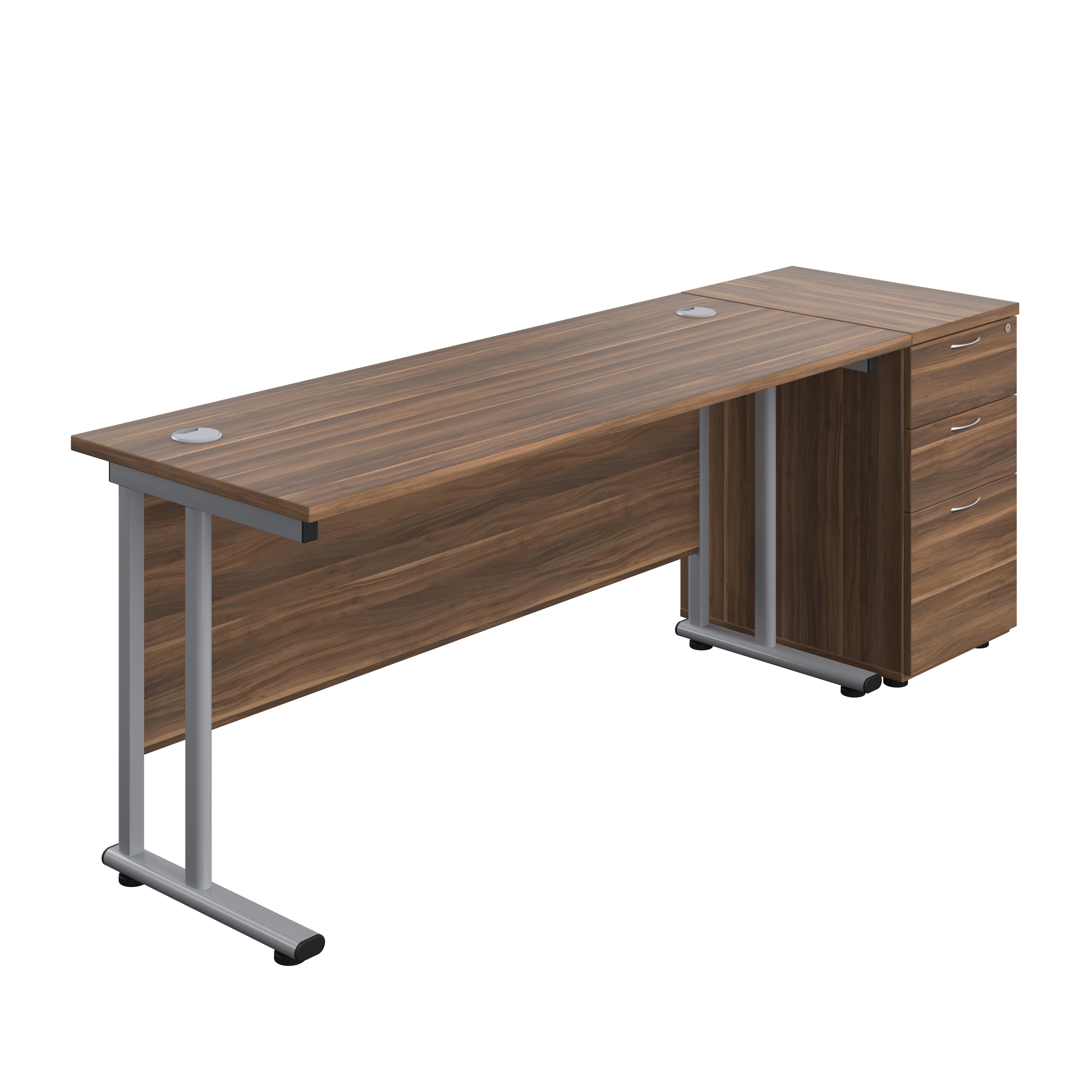 Twin Upright Rectangular Desk + Desk High 3 Drawer Pedestal (FSC) | 1600X600 | Dark Walnut/Silver