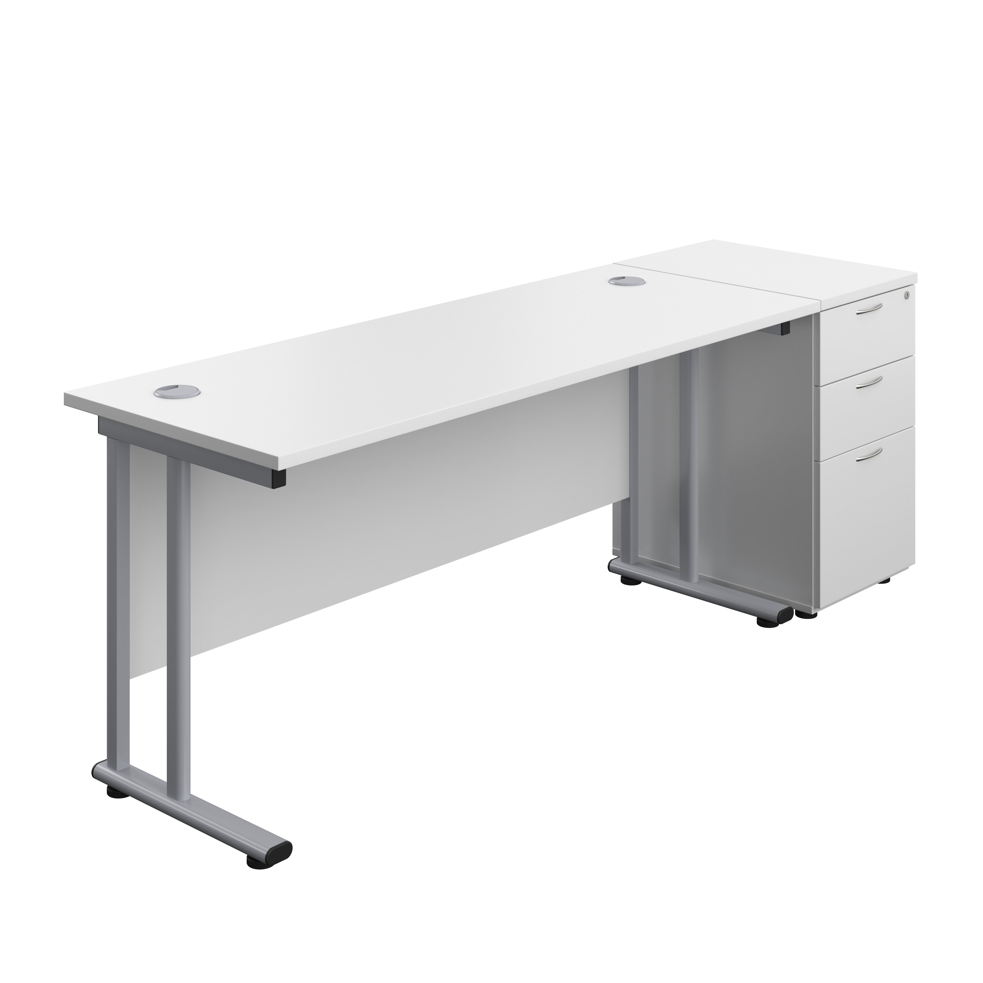Twin Upright Rectangular Desk + Desk High 3 Drawer Pedestal (FSC) | 1600X600 | White/Silver