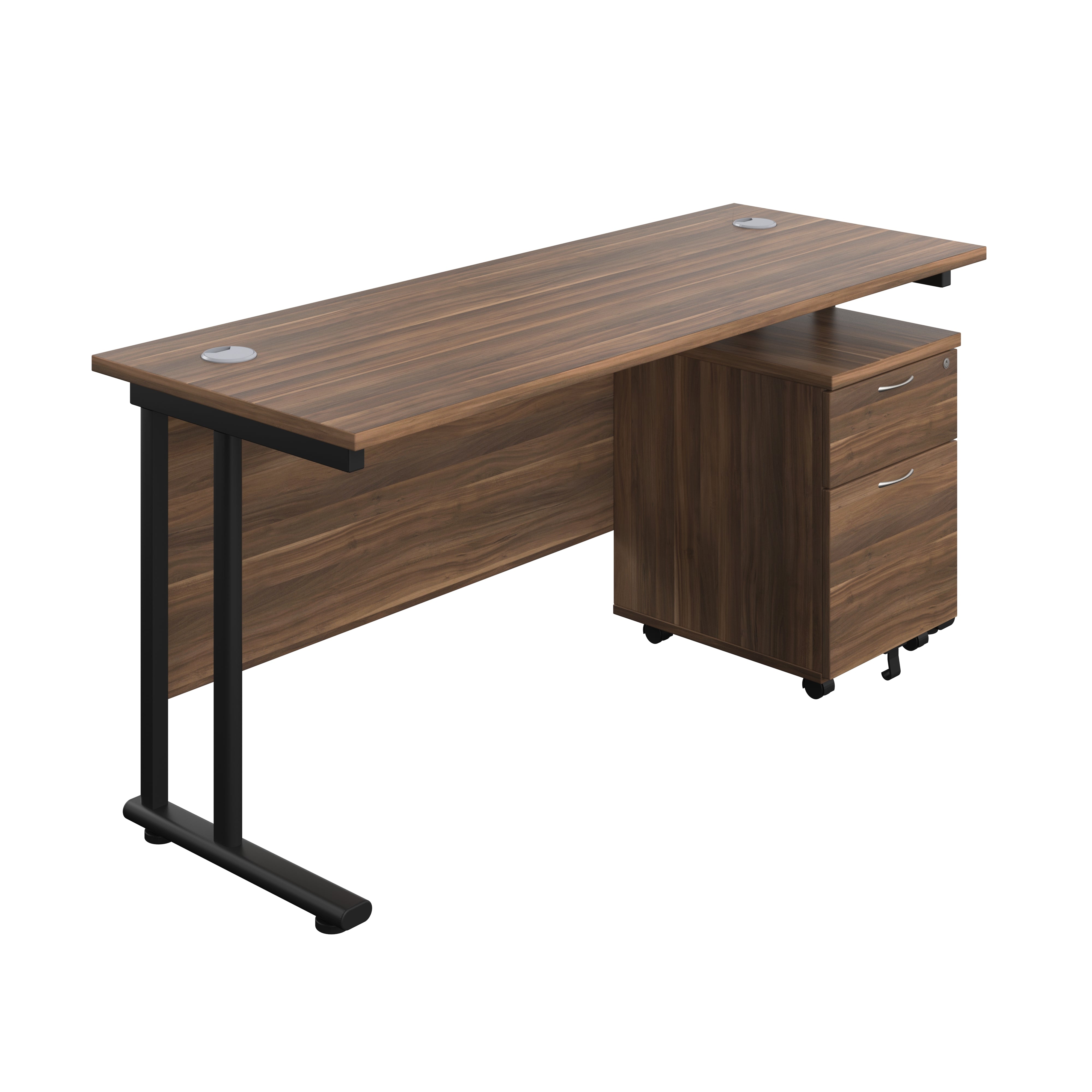 Twin Upright Rectangular Desk + Mobile 2 Drawer Pedestal (FSC) | 1600X600 | Dark Walnut/Black