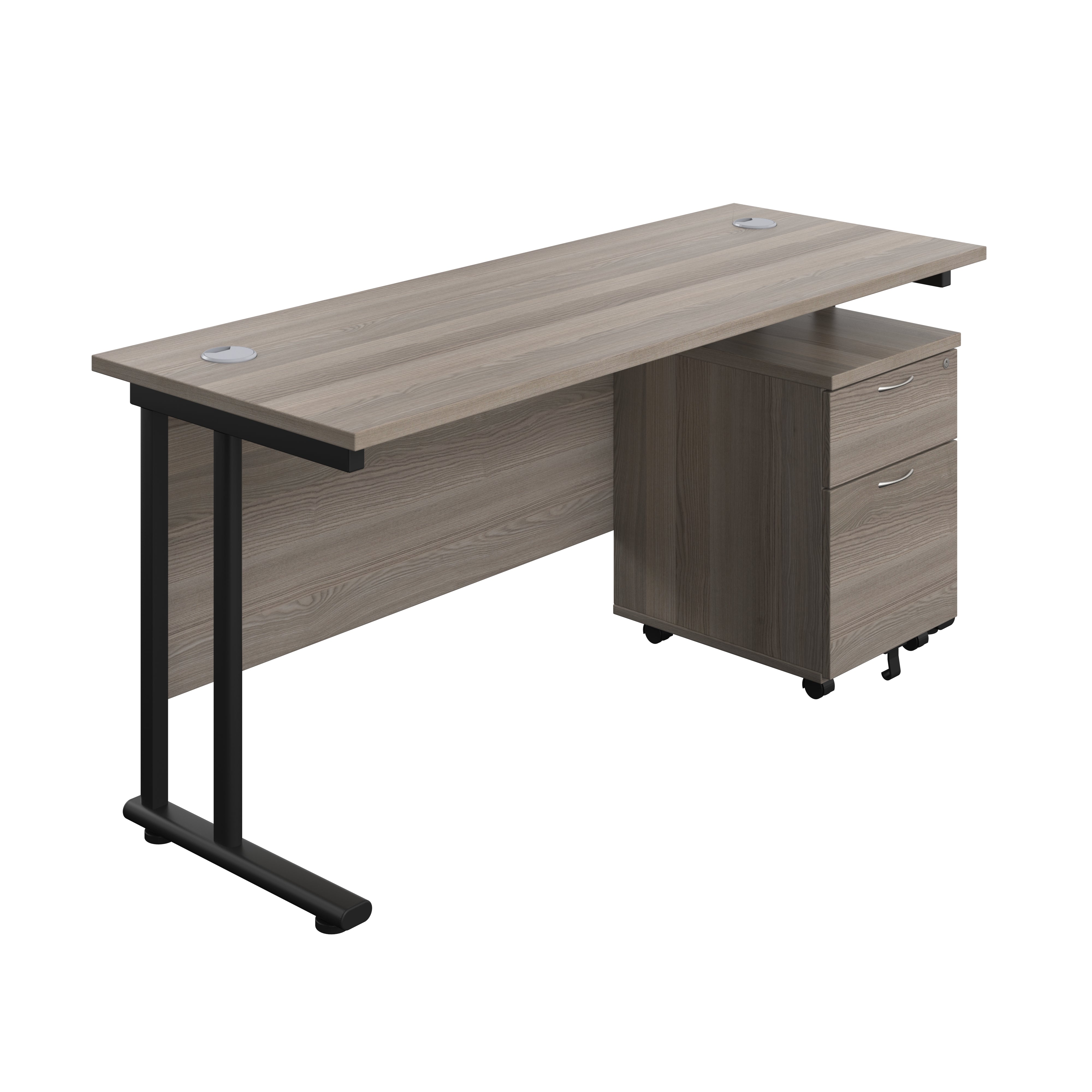 Twin Upright Rectangular Desk + Mobile 2 Drawer Pedestal (FSC) | 1600X600 | Grey Oak/Black