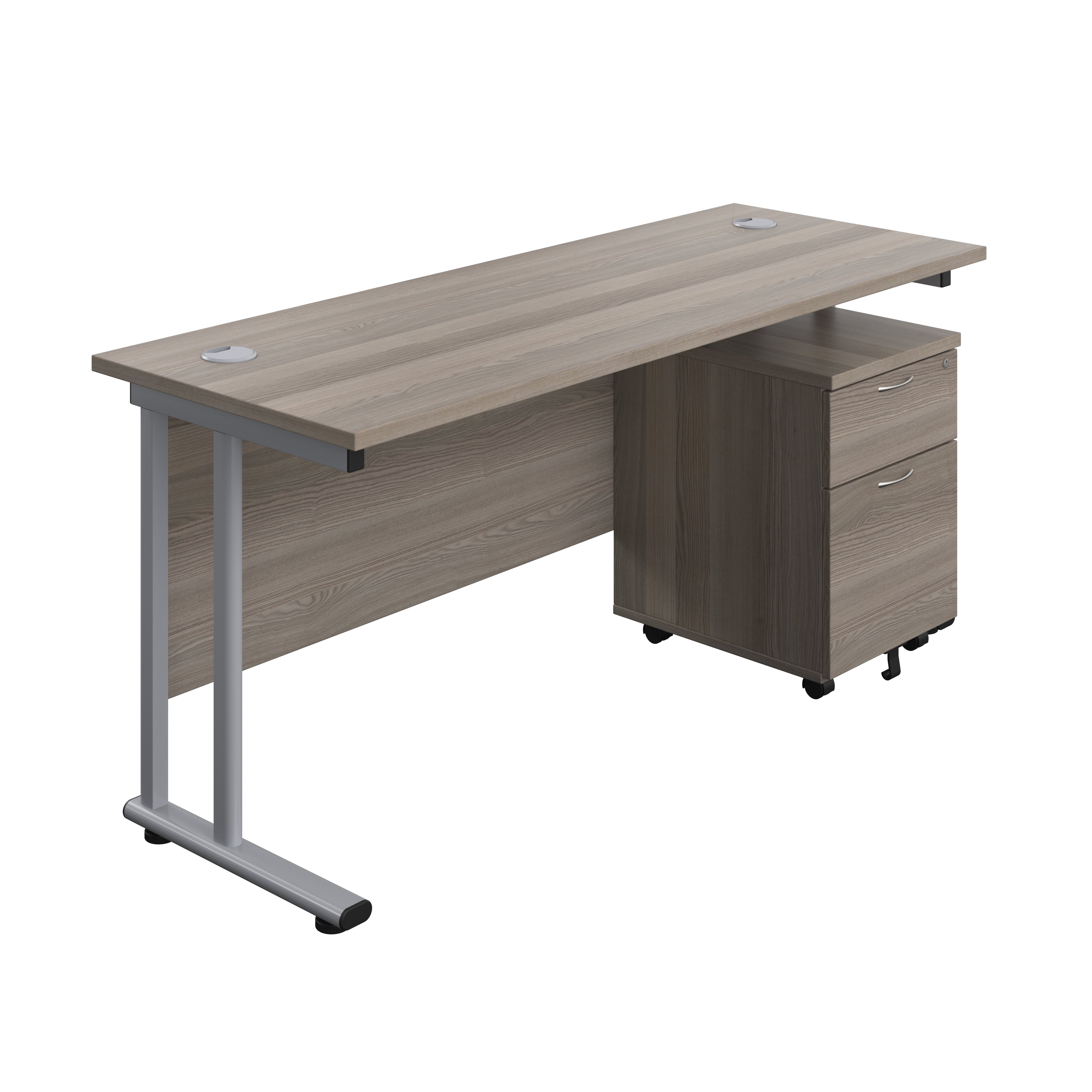 Twin Upright Rectangular Desk + Mobile 2 Drawer Pedestal (FSC) | 1600X600 | Grey Oak/Silver