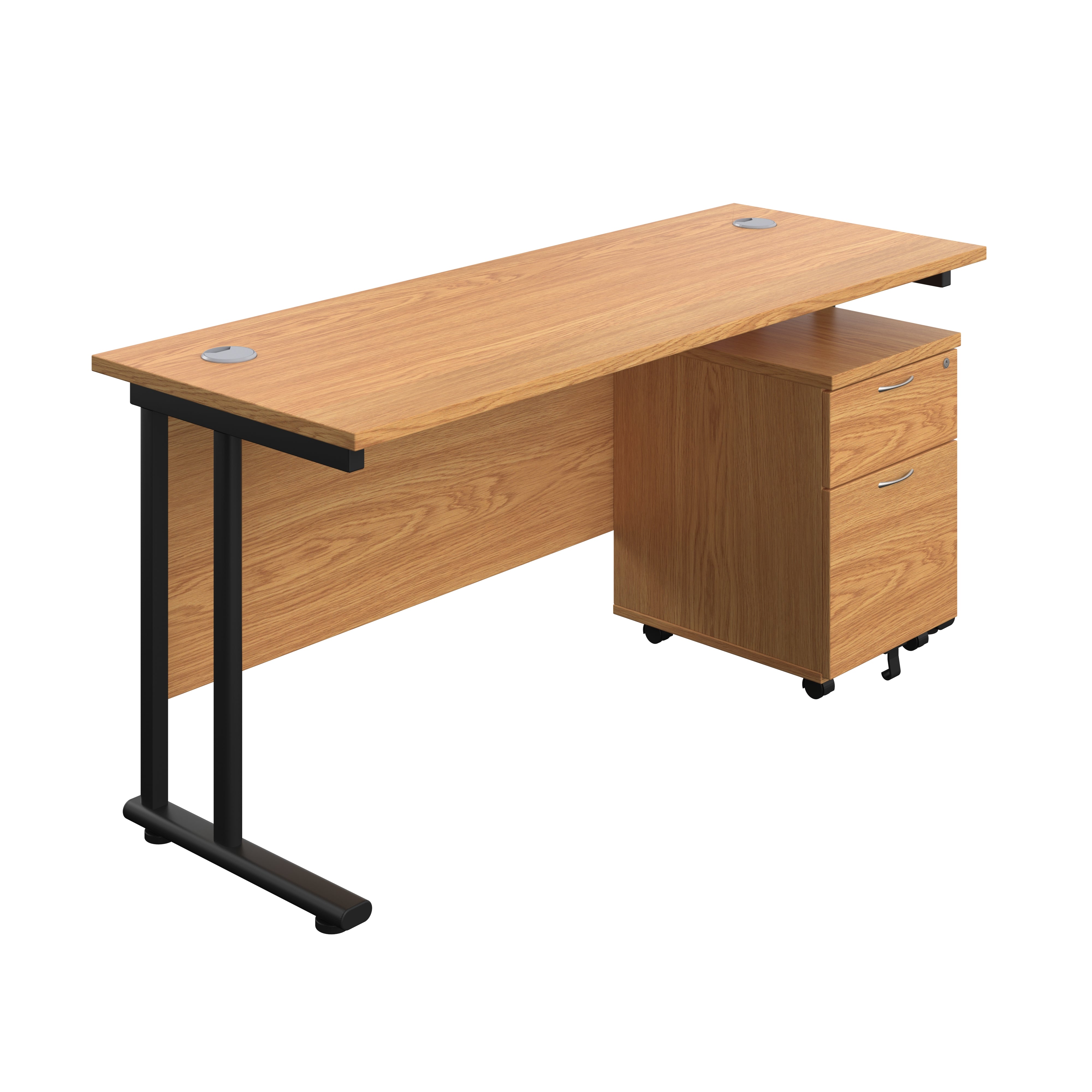 Twin Upright Rectangular Desk + Mobile 2 Drawer Pedestal (FSC) | 1600X600 | Nova Oak/Black
