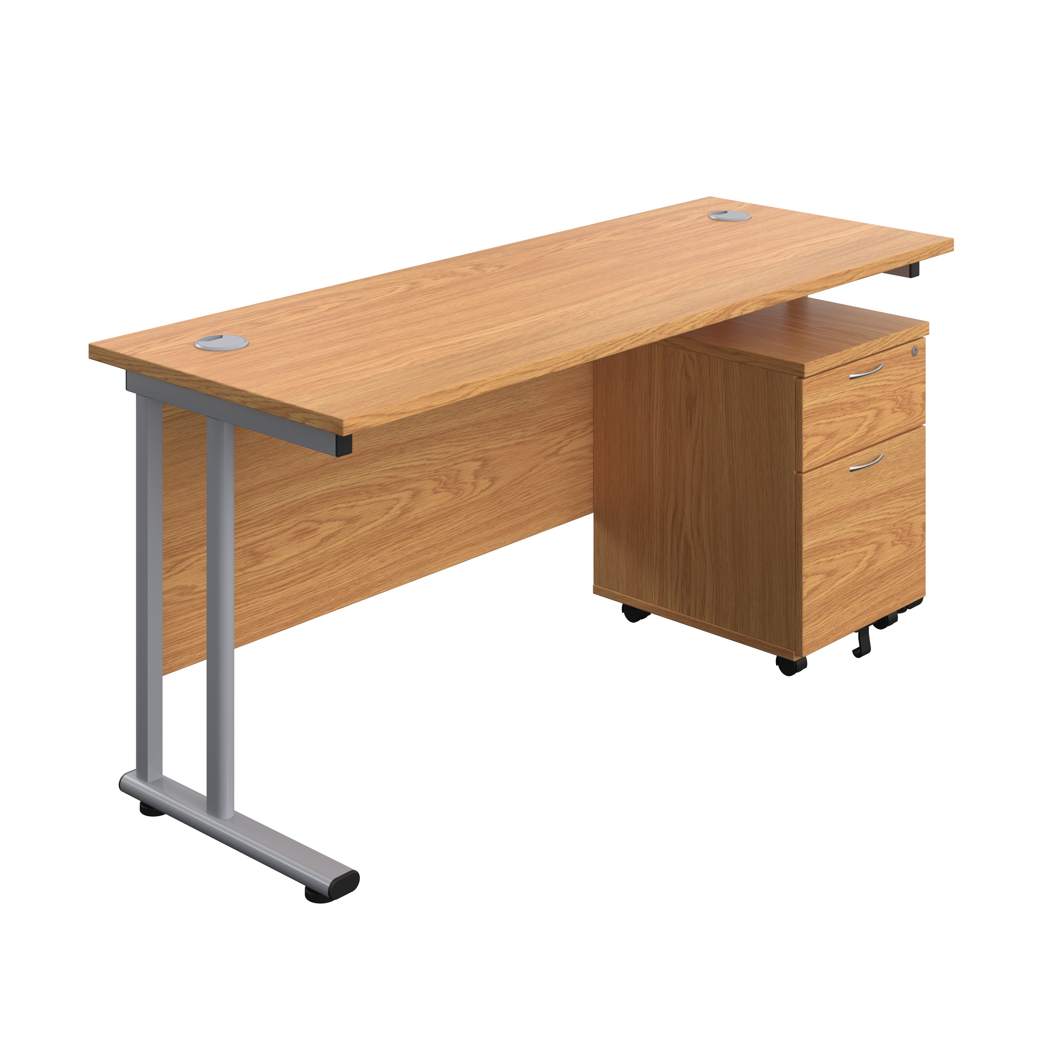 Twin Upright Rectangular Desk + Mobile 2 Drawer Pedestal (FSC) | 1600X600 | Nova Oak/Silver
