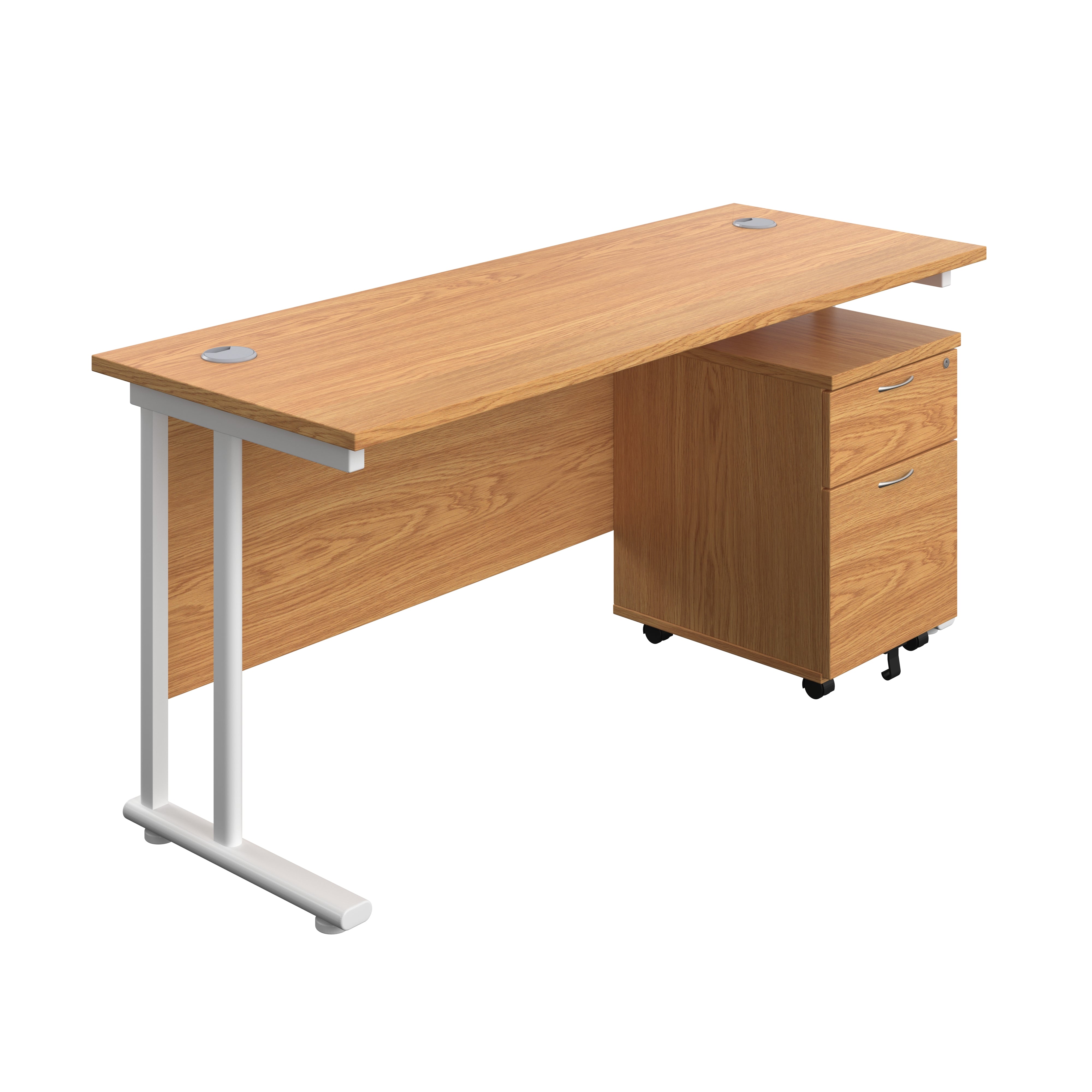 Twin Upright Rectangular Desk + Mobile 2 Drawer Pedestal (FSC) | 1600X600 | Nova Oak/White