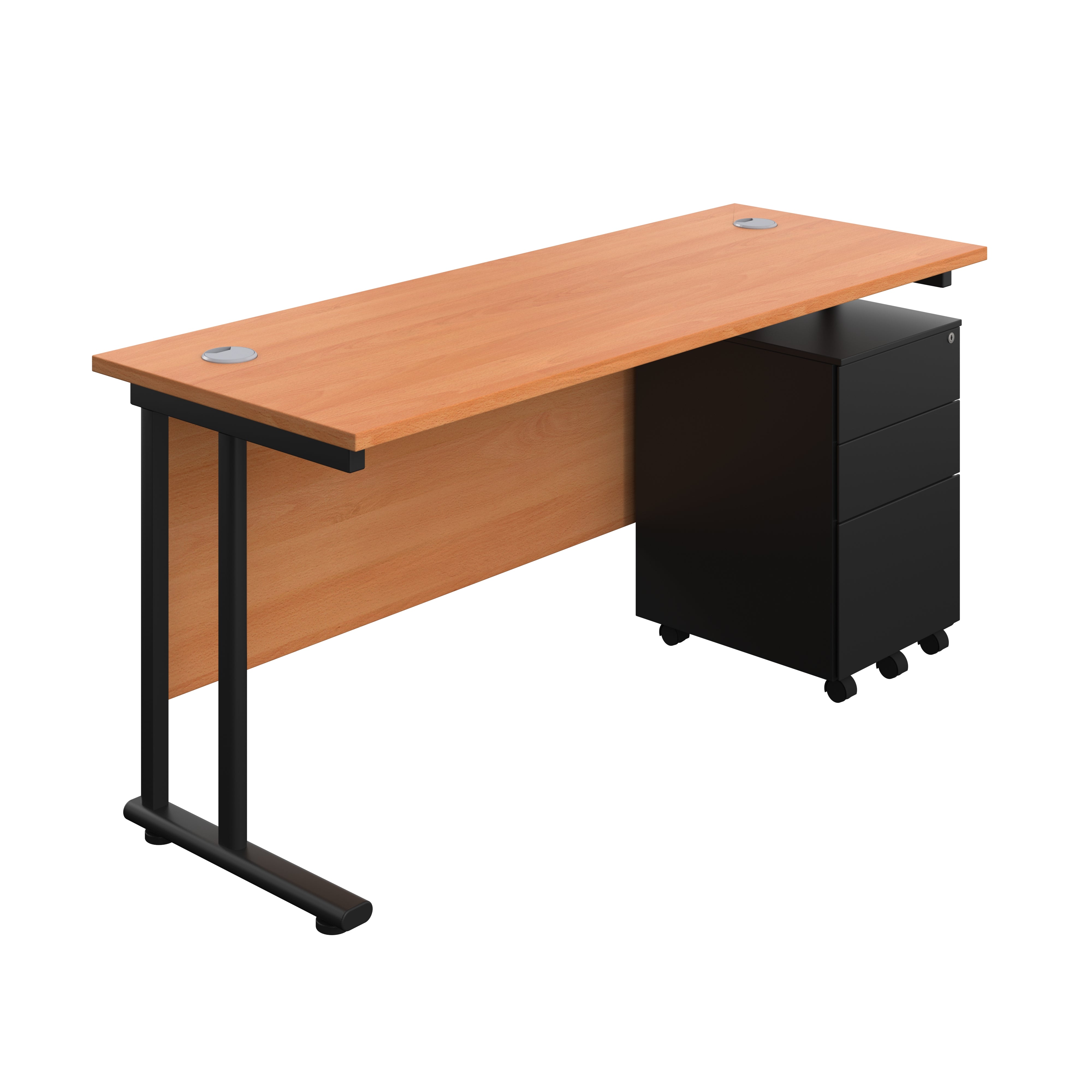 Twin Upright Rectangular Desk + Under Desk Steel Pedestal 3 Drawers (FSC) | 1600X600 | Beech/Black
