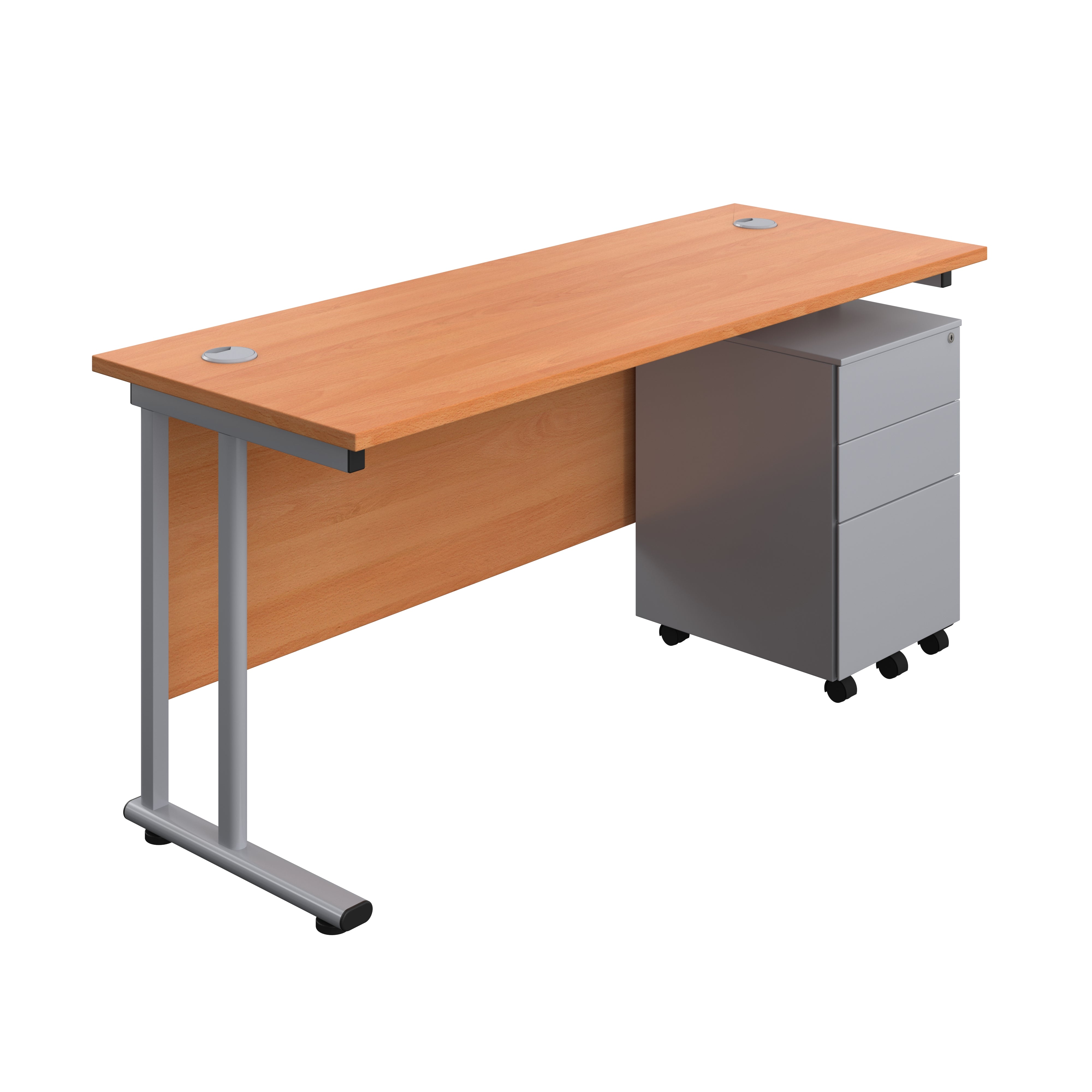 Twin Upright Rectangular Desk + Under Desk Steel Pedestal 3 Drawers (FSC) | 1600X600 | Beech/Silver
