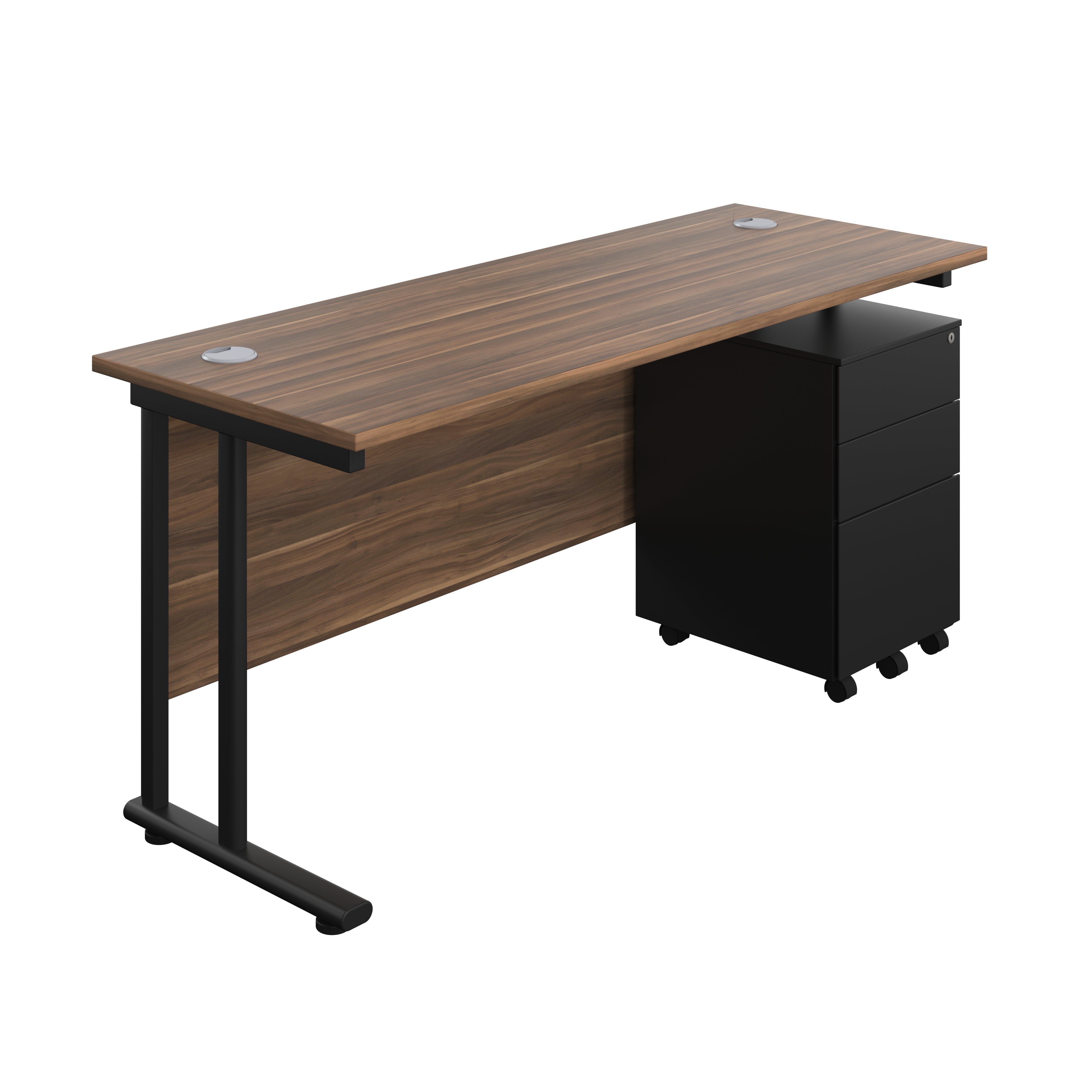 Twin Upright Rectangular Desk + Under Desk Steel Pedestal 3 Drawers (FSC) | 1600X600 | Dark Walnut/Black