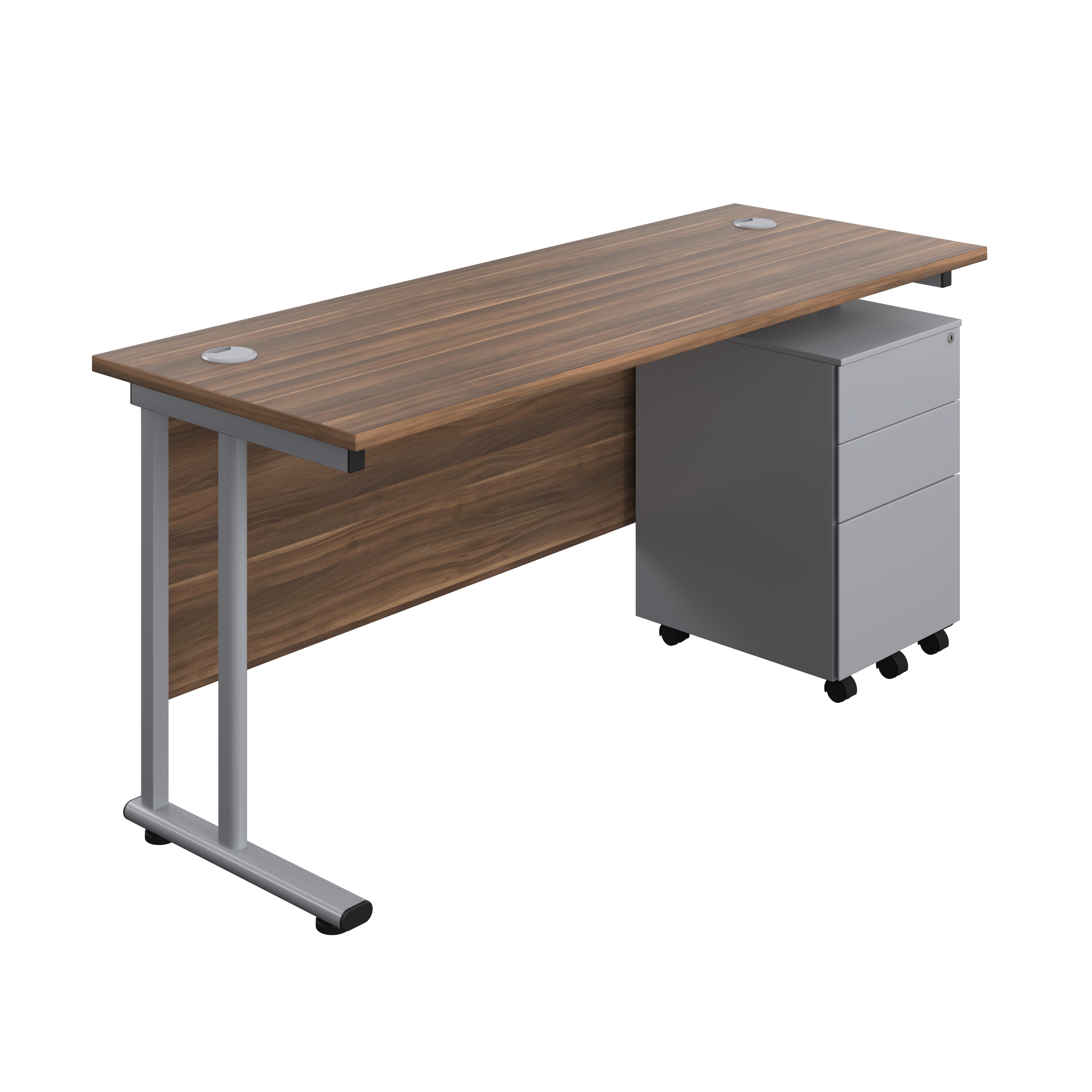 Twin Upright Rectangular Desk + Under Desk Steel Pedestal 3 Drawers (FSC) | 1600X600 | Dark Walnut/Silver