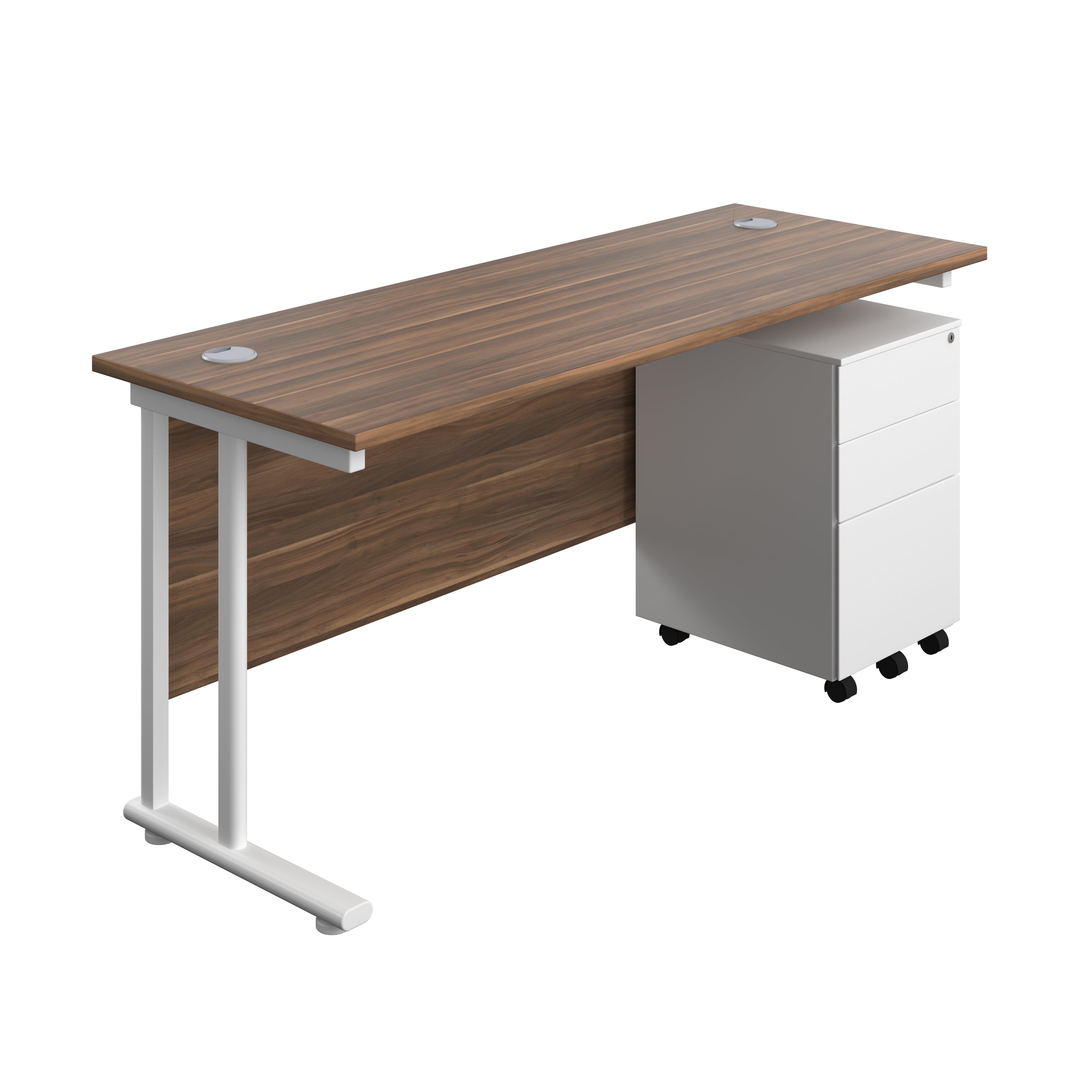 Twin Upright Rectangular Desk + Under Desk Steel Pedestal 3 Drawers (FSC) | 1600X600 | Dark Walnut/White