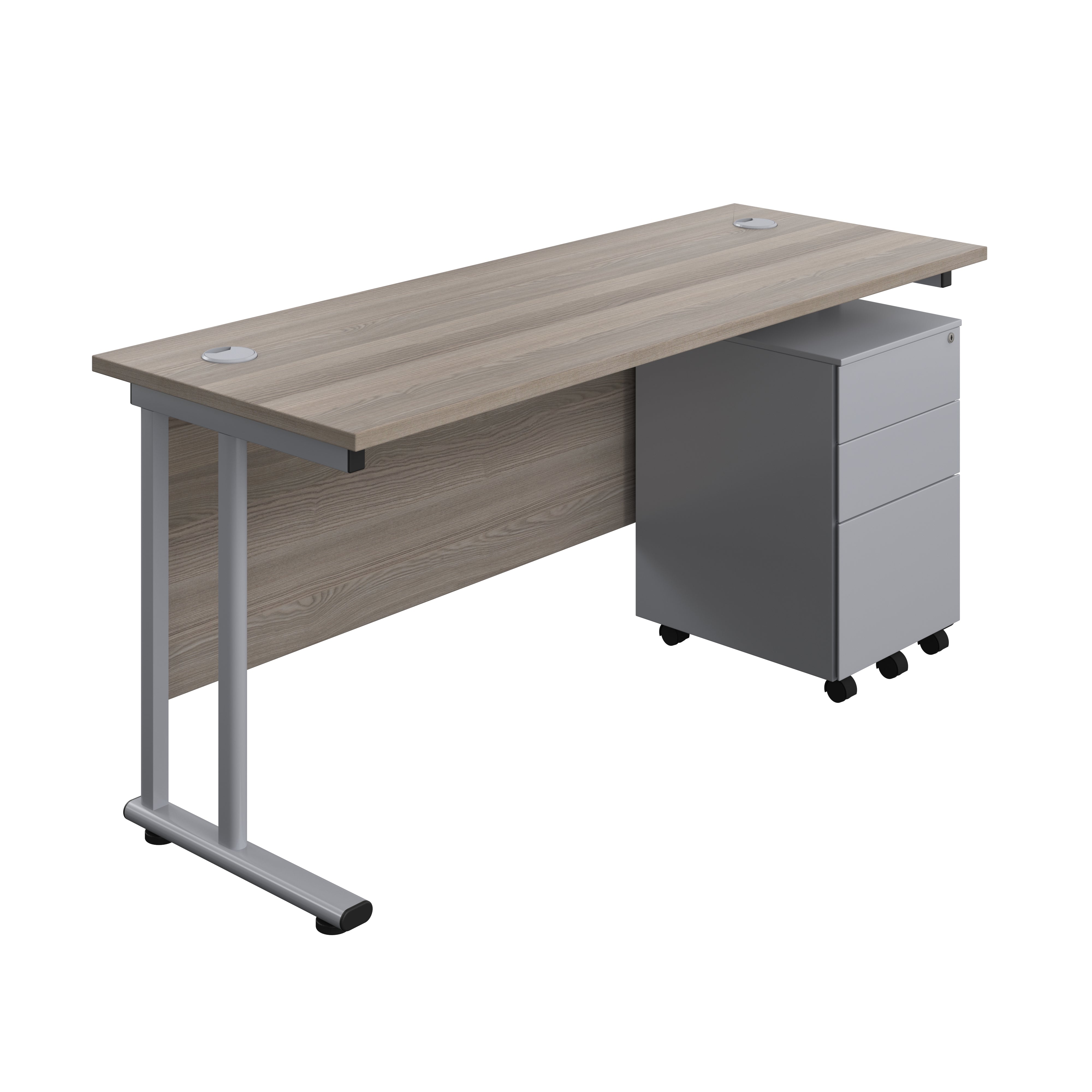 Twin Upright Rectangular Desk + Under Desk Steel Pedestal 3 Drawers (FSC) | 1600X600 | Grey Oak/Silver