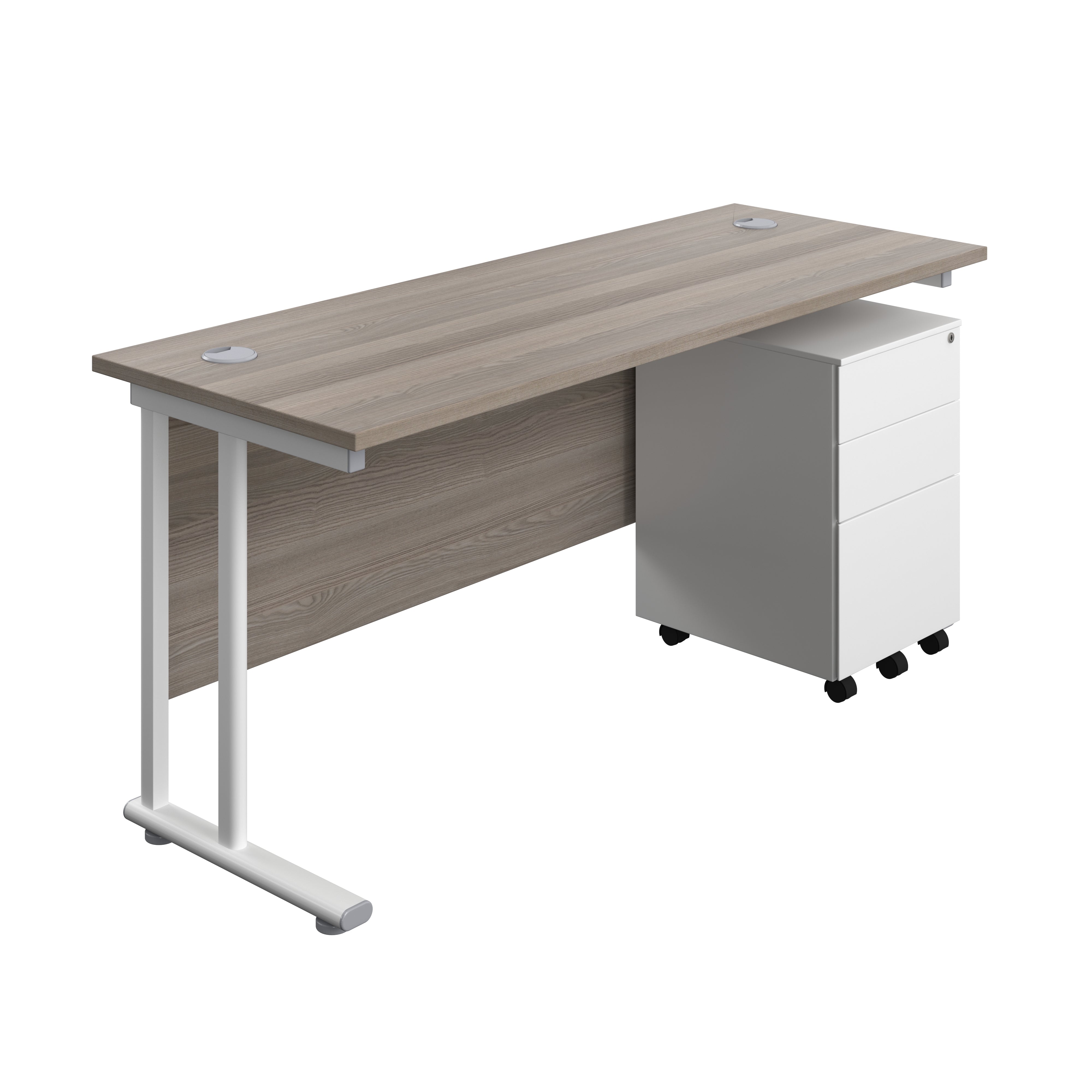 Twin Upright Rectangular Desk + Under Desk Steel Pedestal 3 Drawers (FSC) | 1600X600 | Grey Oak/White